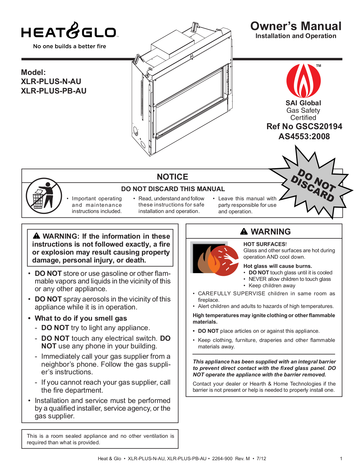 Heat & Glo LifeStyle XLR-PLUS-PB-AU, XLR-PLUS-N-AU User Manual