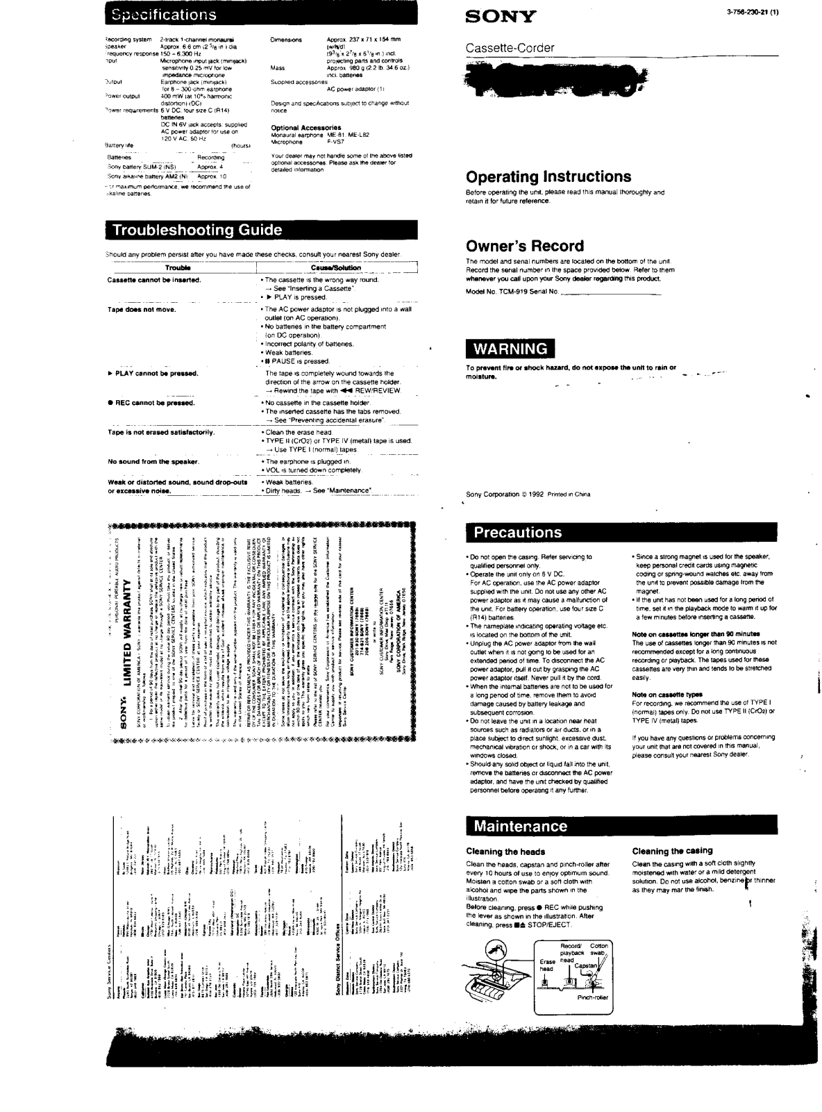 Sony TC-M919 User Manual