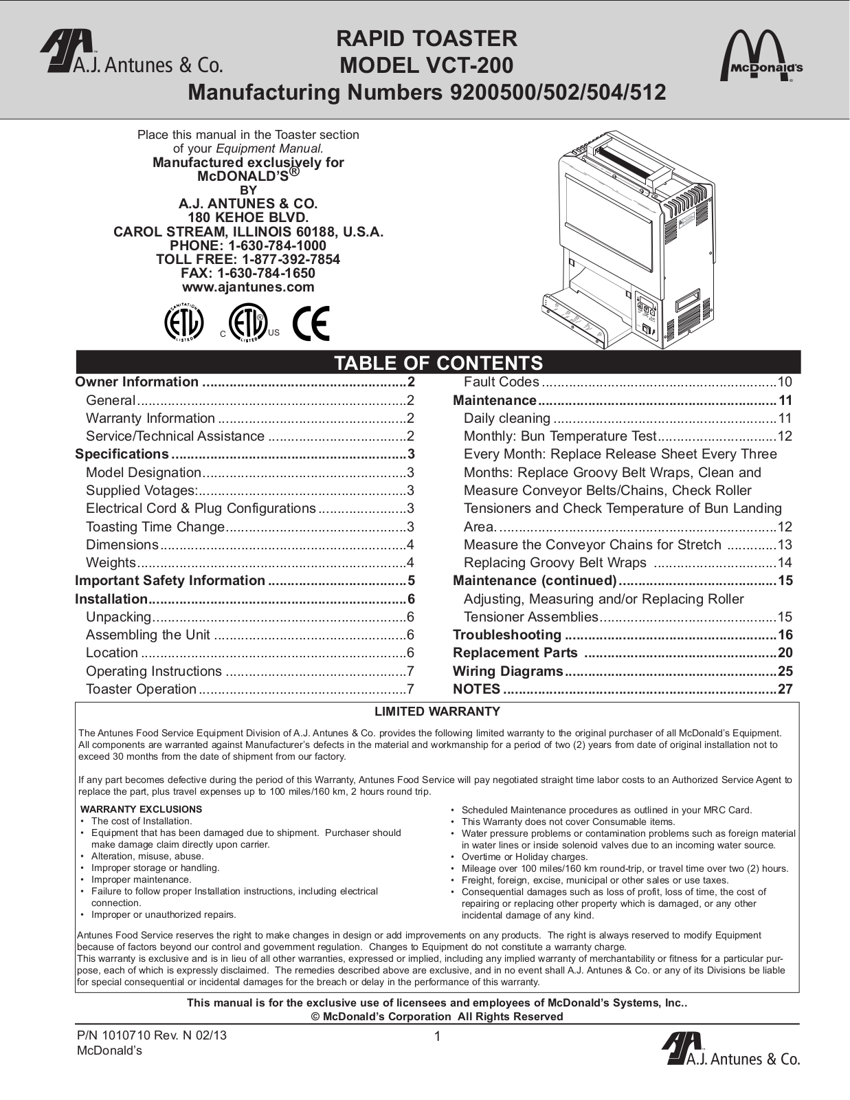 Antunes VCT-200 Service Manual