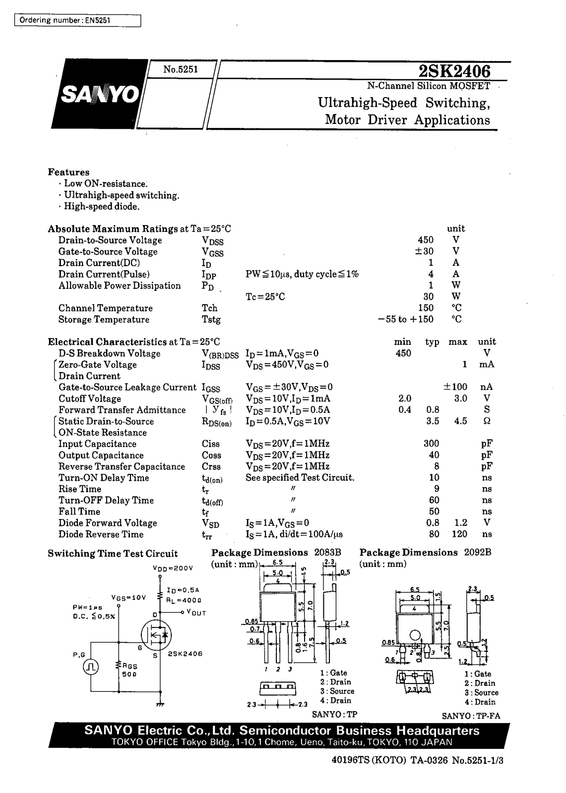 SANYO 2SK2406 Datasheet