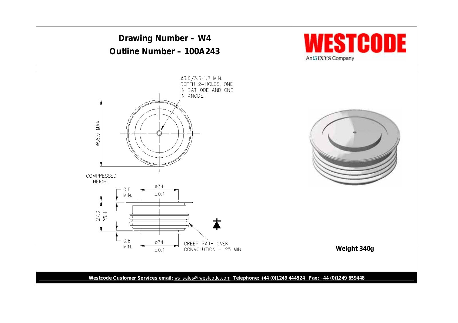 Westcode Semiconductors W4 100A243 Dimensional Sheet