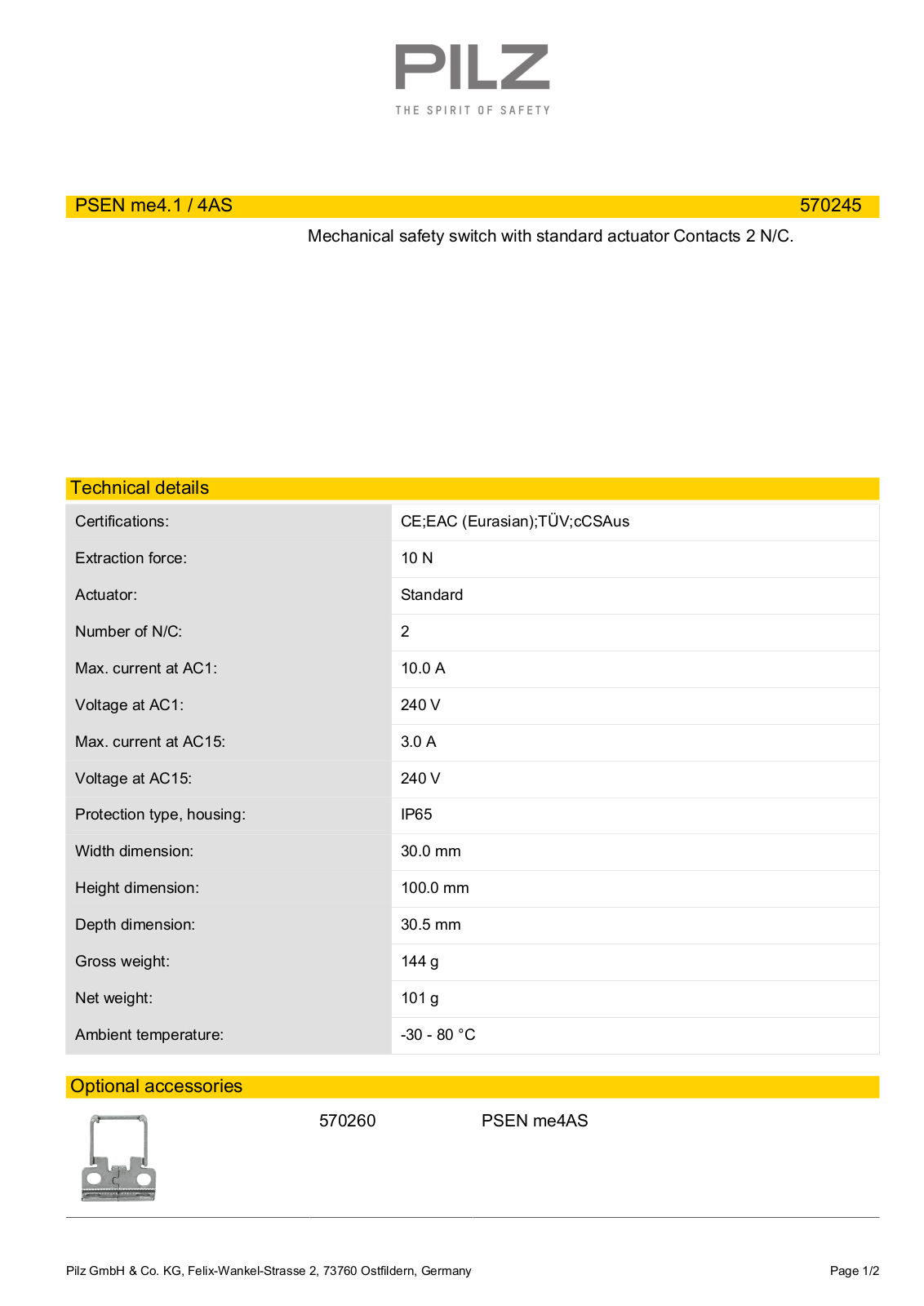 Pilz 570245 Data Sheet