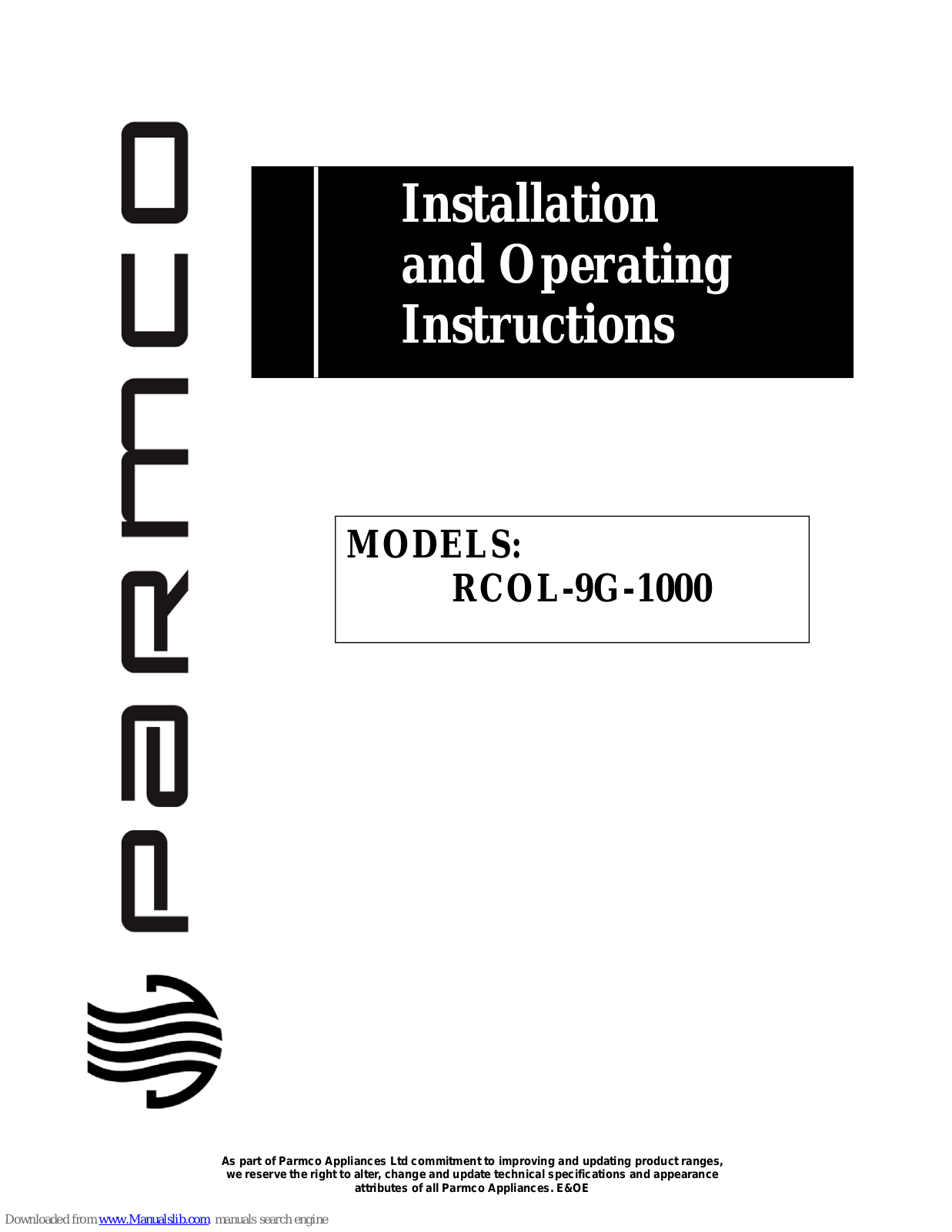 Parmco RCOL-9G-1000 Operating Instructions Manual