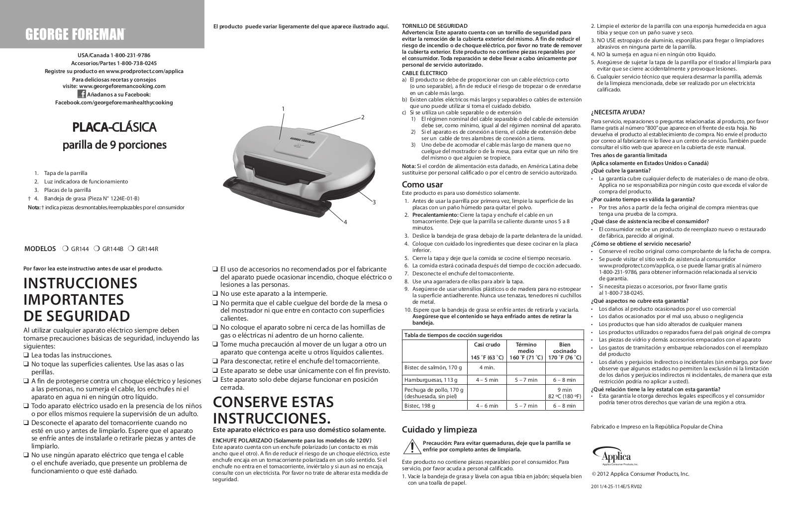 George Foreman Gr144r, Gr144b Owner's Manual