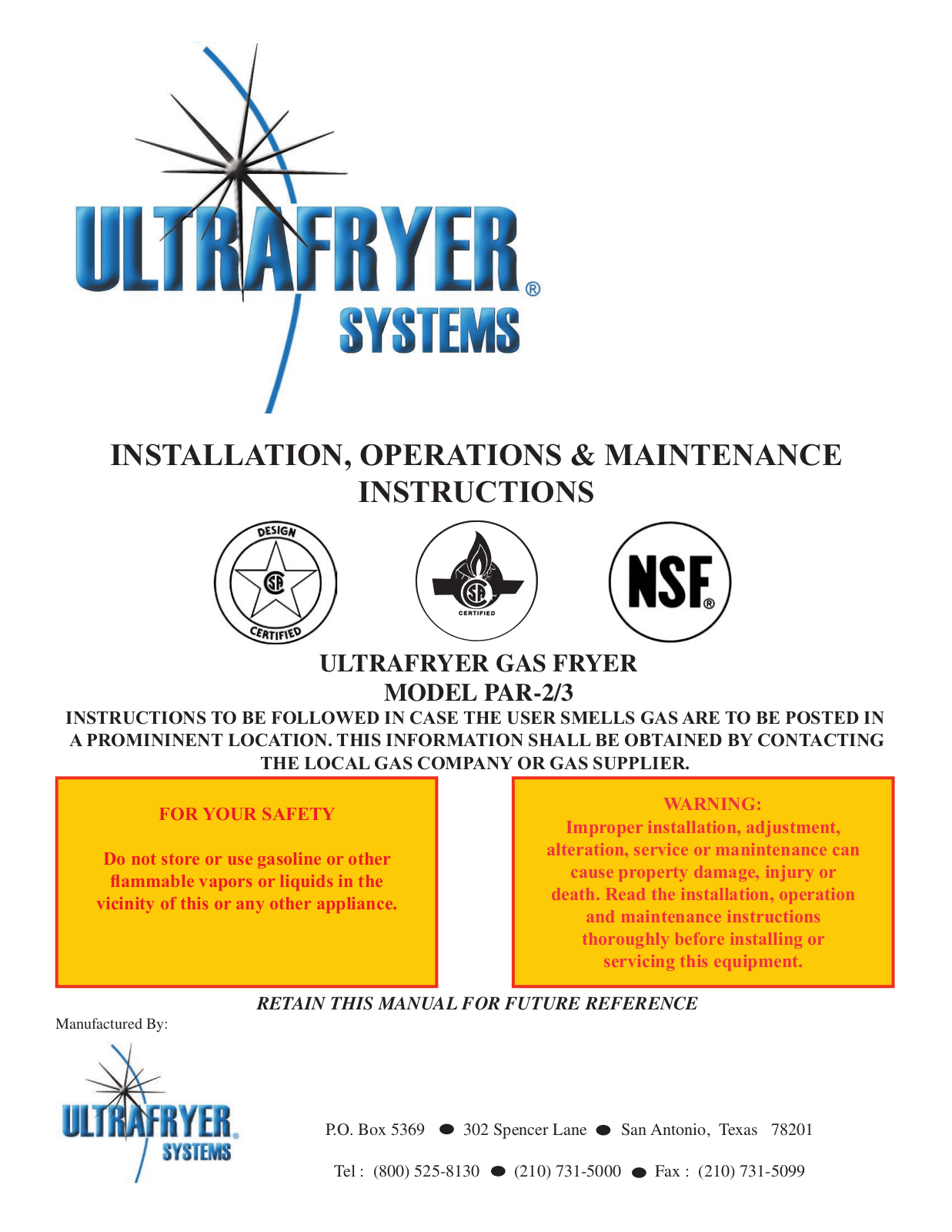 Ultrafryer PAR-2 Operators Manual