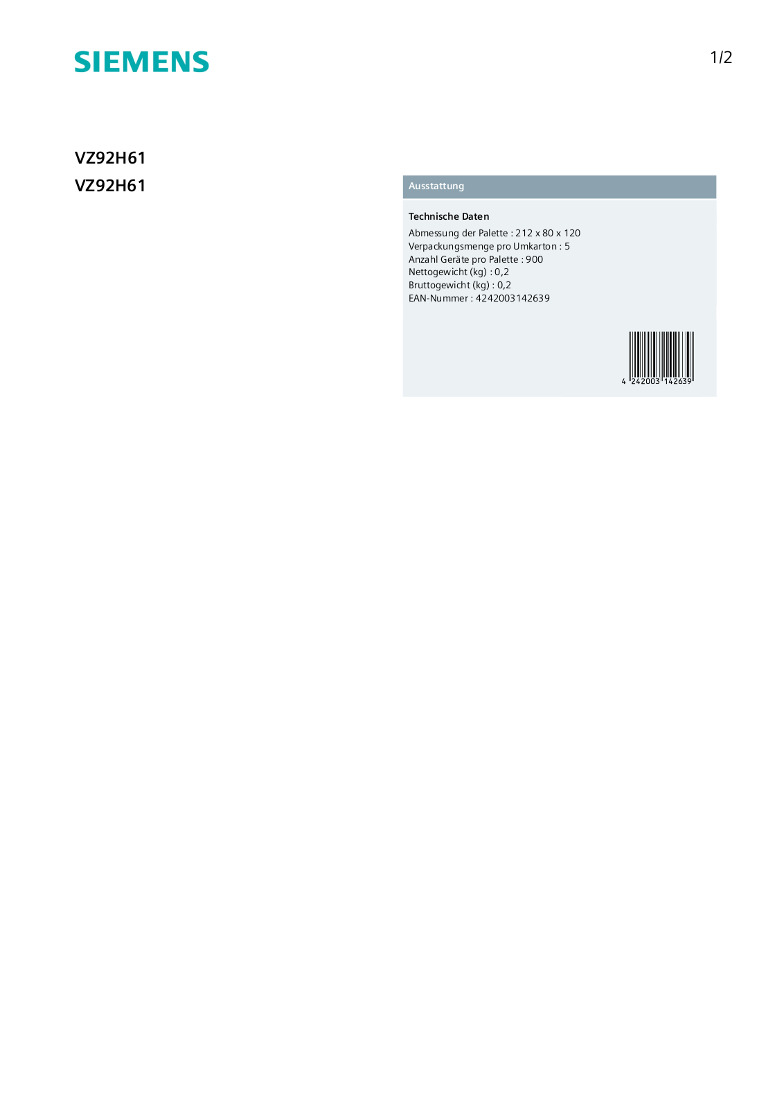 Siemens VZ92H61 User Manual