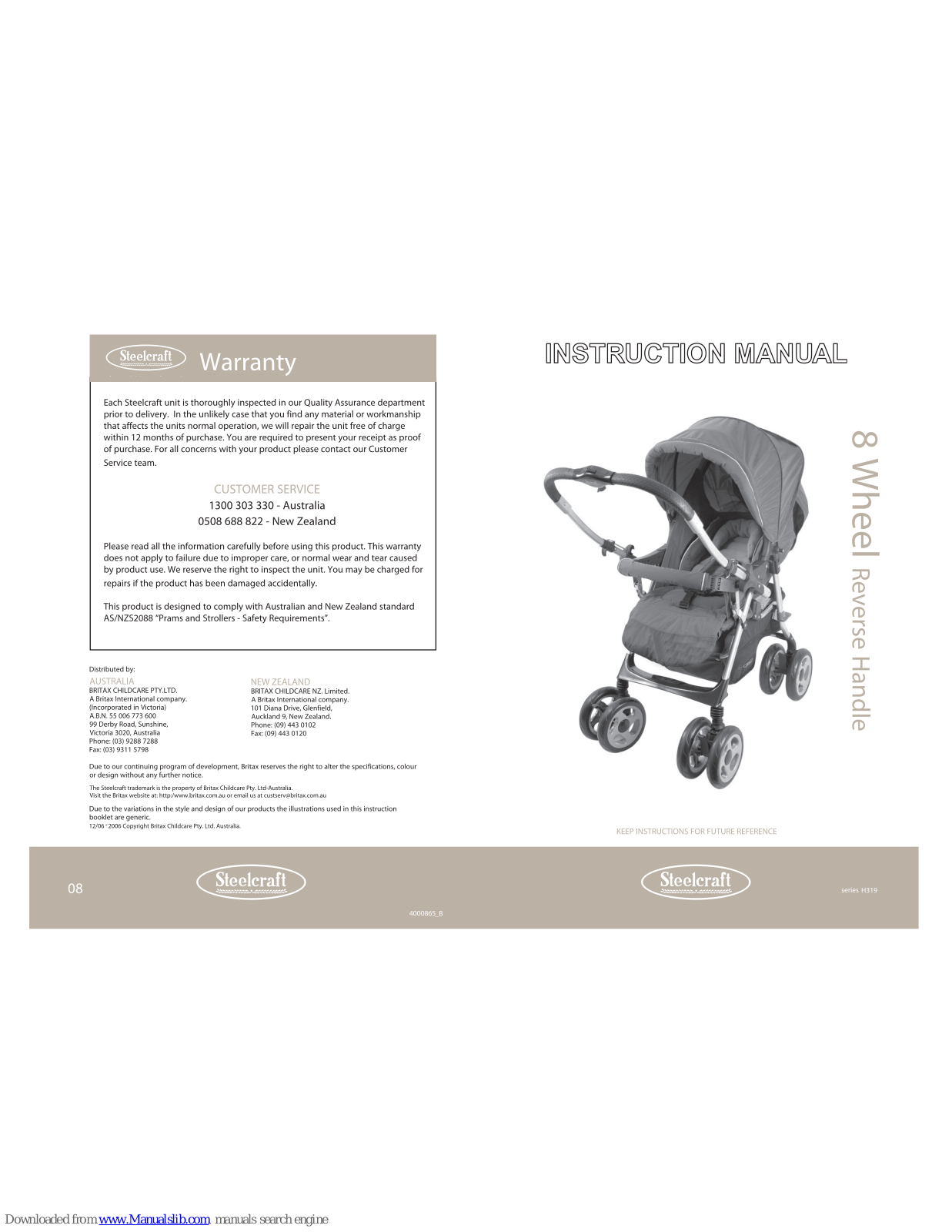 Britax 8 WHEEL REVERSE HANDLE, Steelcraft 8 WHEEL, Steelcraft H319 Series User Manual