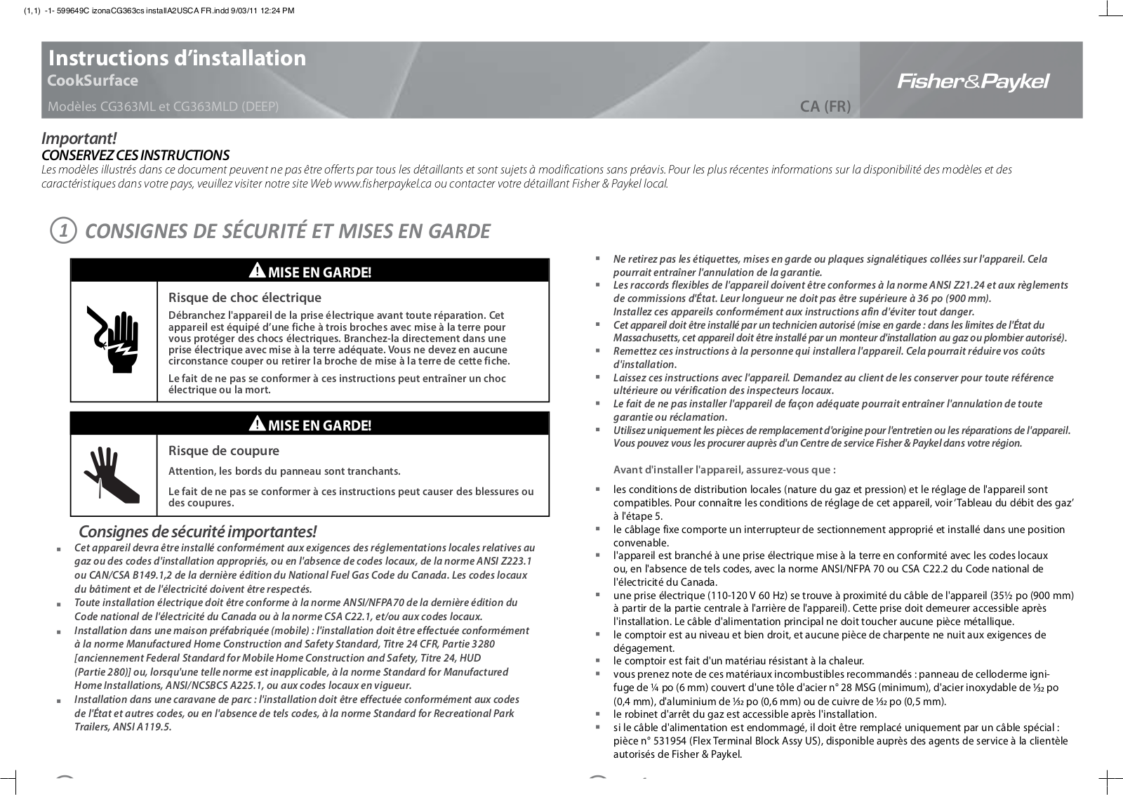 Fisher & Paykel CG363ML, CG363MLD Installation Guide