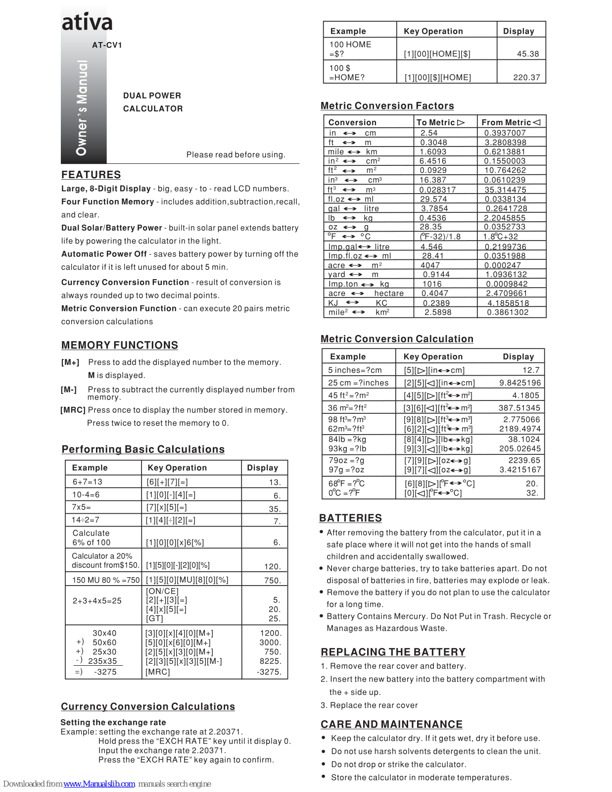 Ativa AT-CV1 Owner's Manual