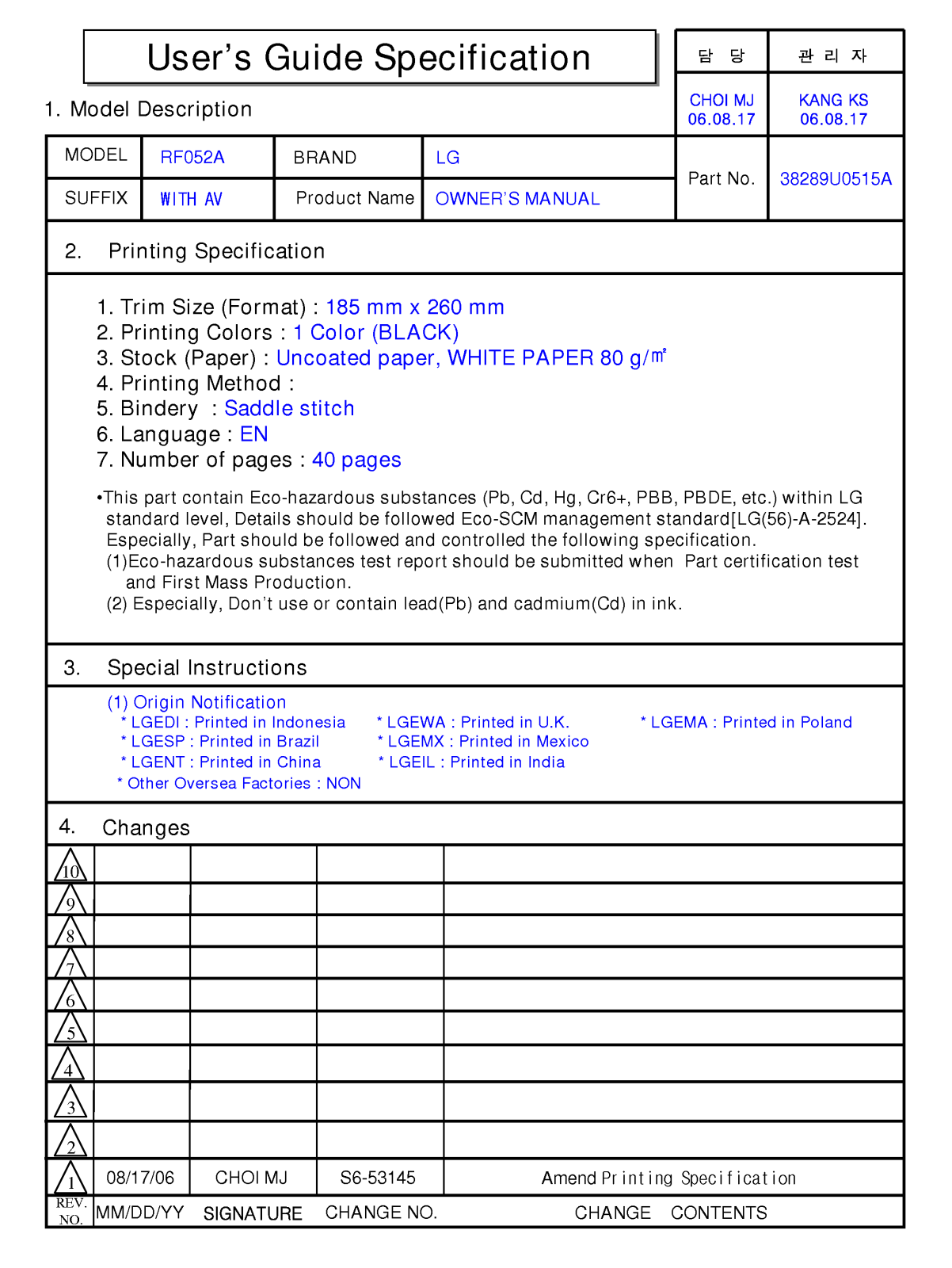 LG 60PZ9M User Manual