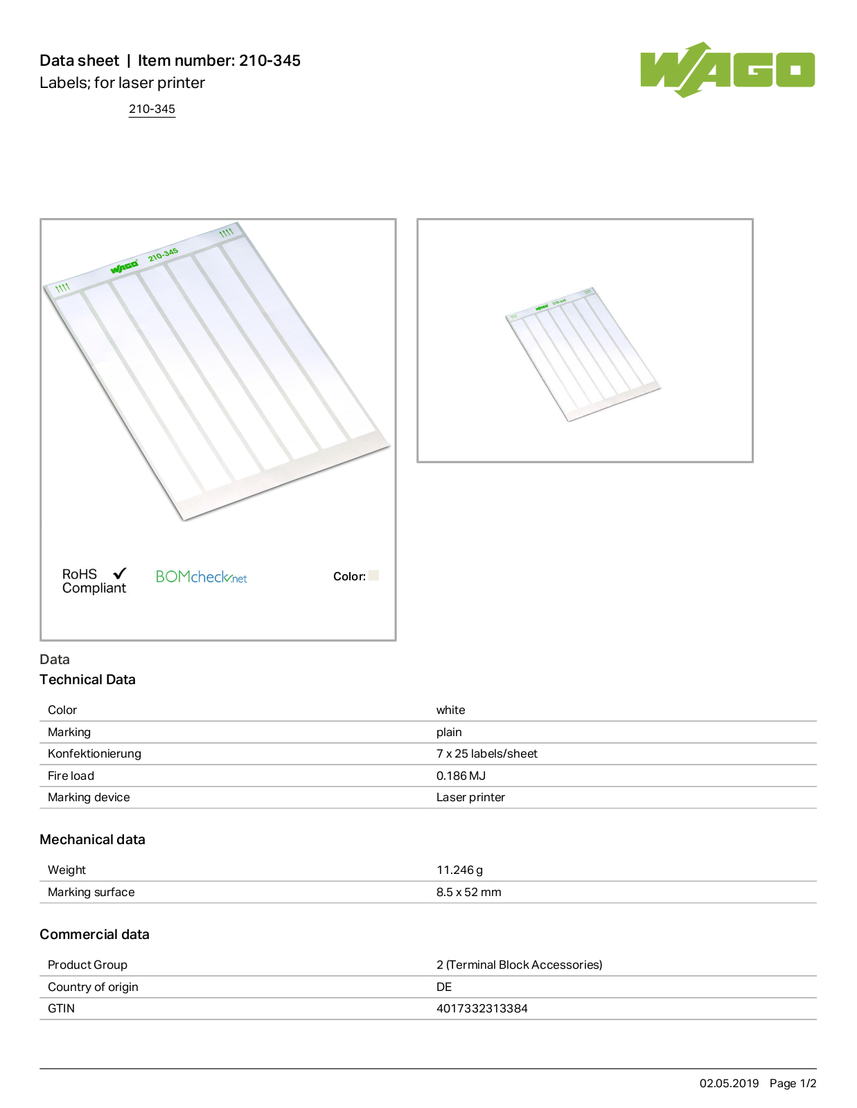 Wago 210-345 Data Sheet