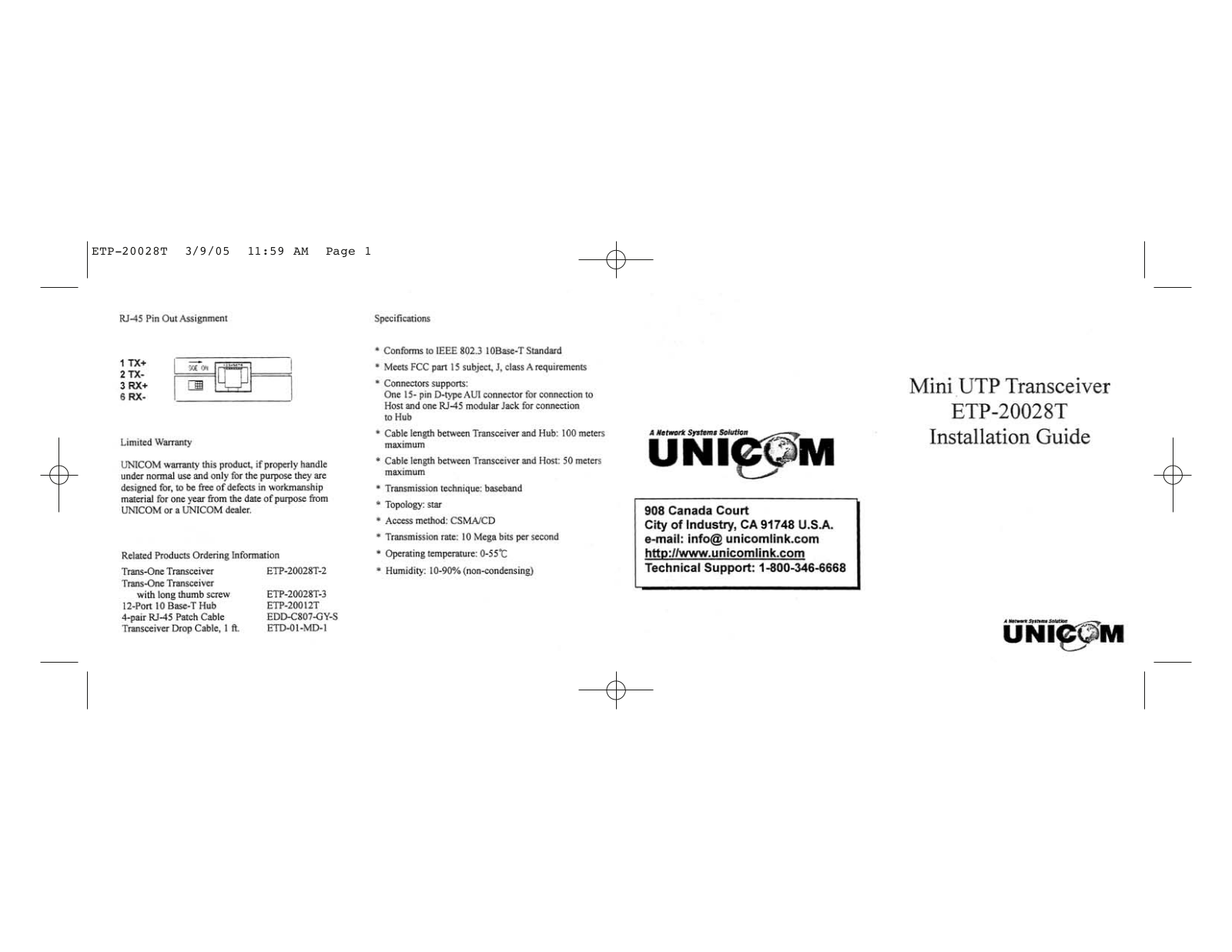 UNICOM Electric ETP-20028T User Manual