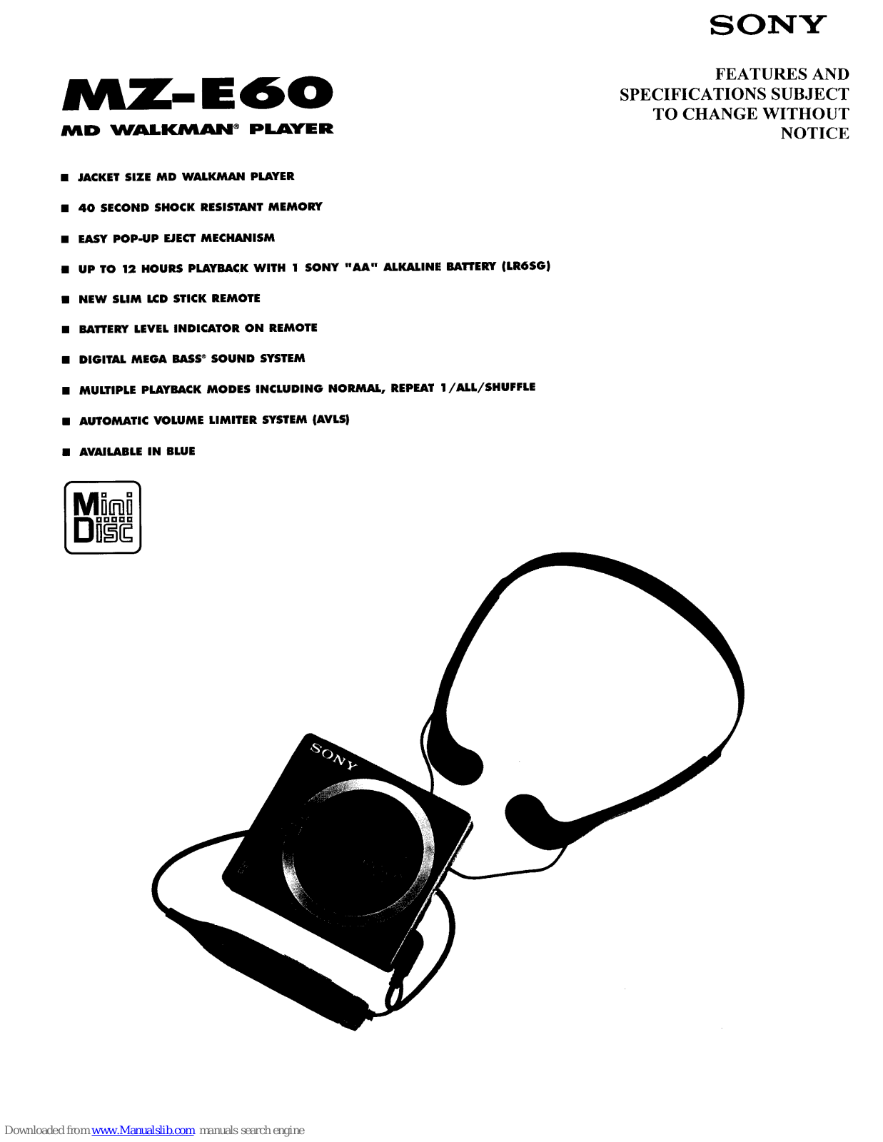 Sony MZ-E60 Marketing Specifications