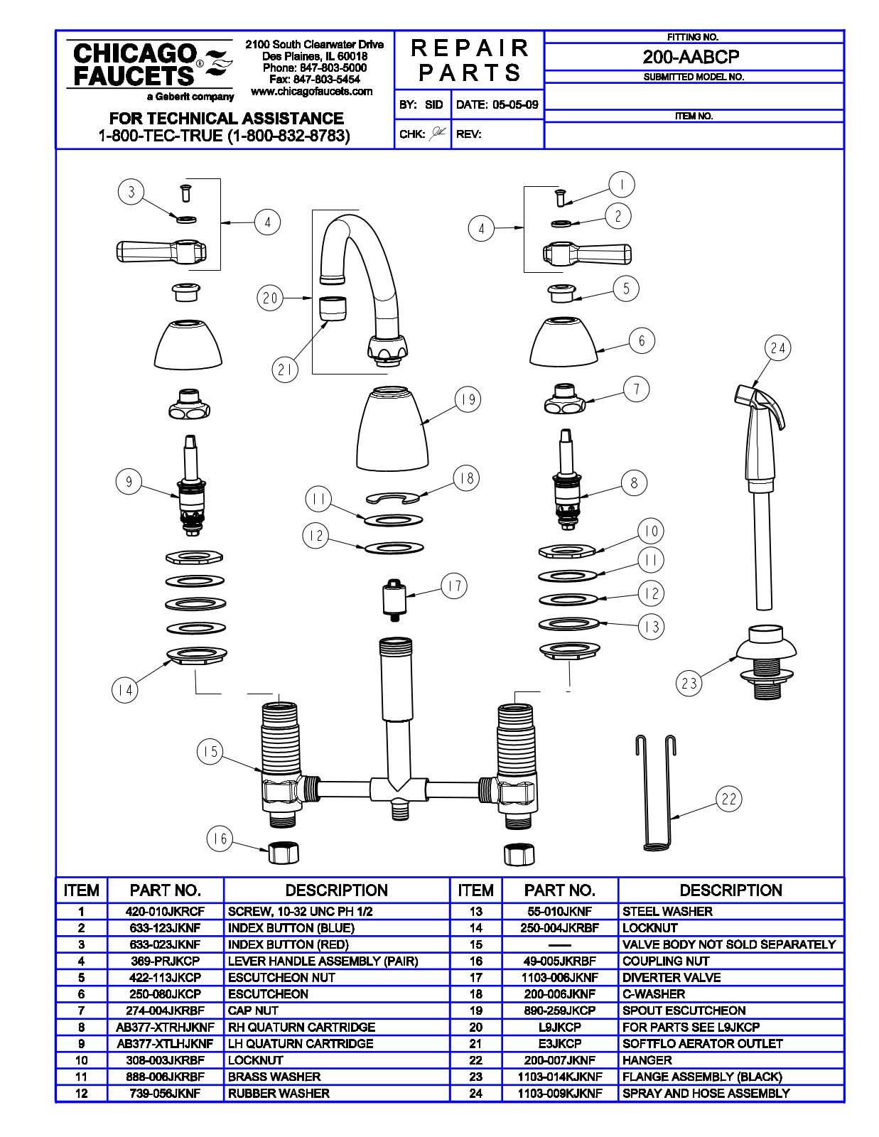 Chicago Faucet 200-AABCP Parts List