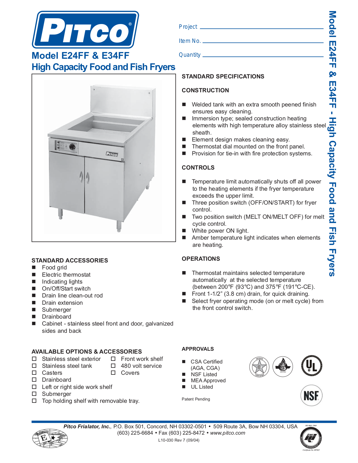 Pitco E24FF Specifications