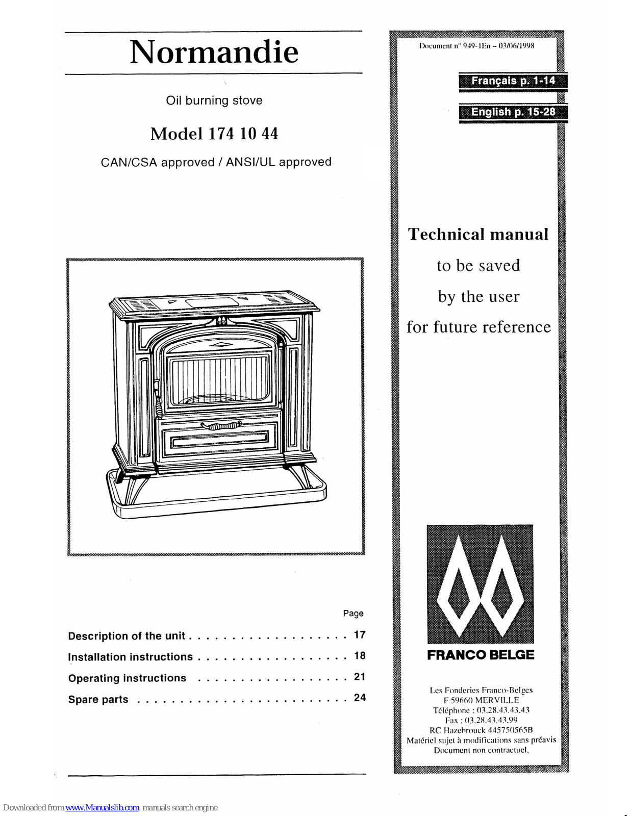 FRANCO BELGE Normandie 174 10 44 Technical Manual