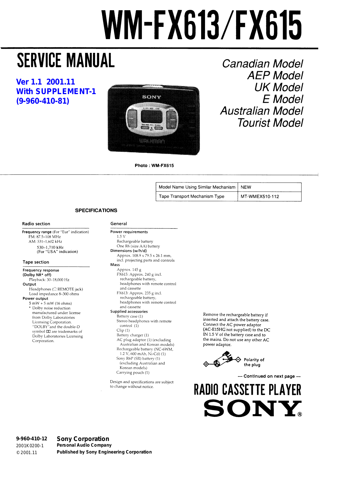 Sony WMFX-615, WMFX-613 Service manual