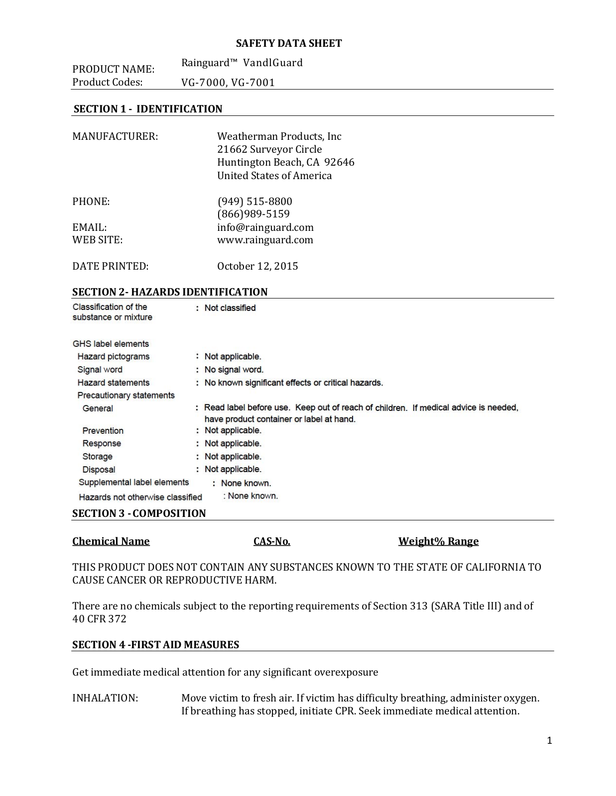 Rainguard International VG-7000 User Manual