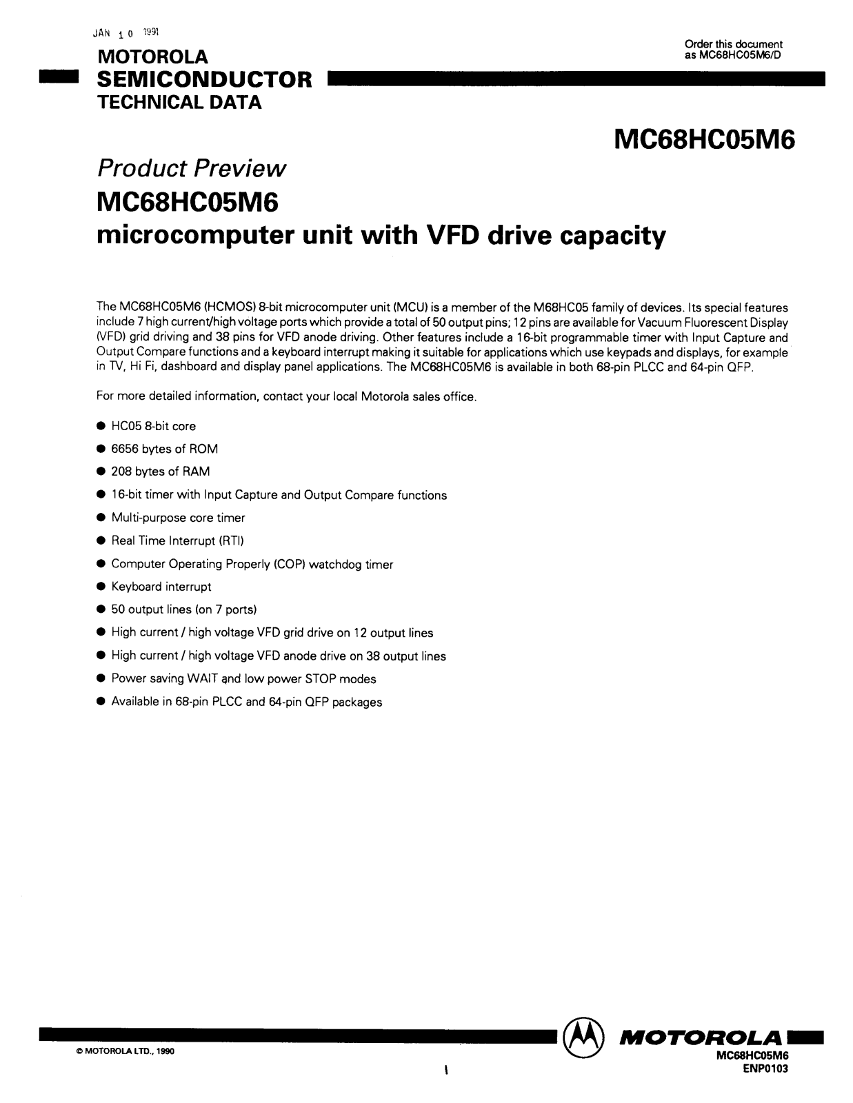 Motorola MC68HC05M6 Datasheet