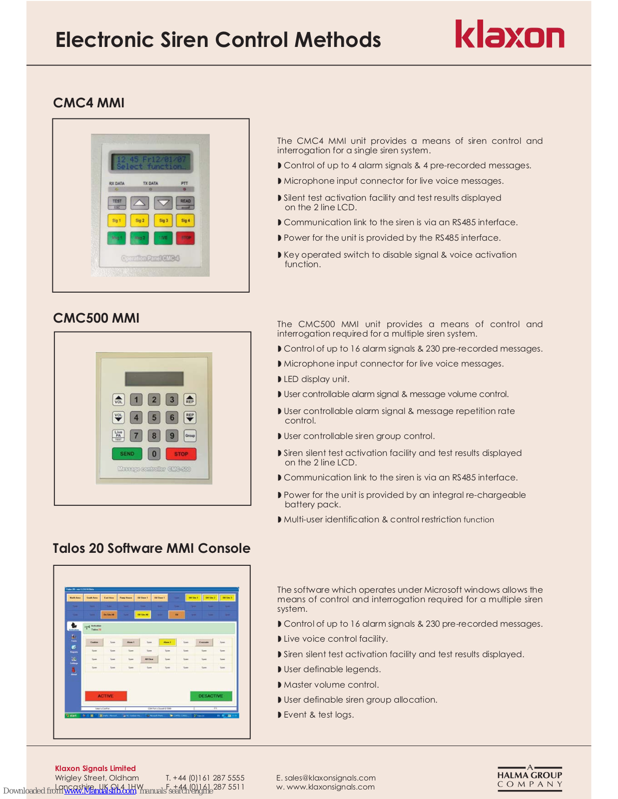 Klaxon CMC4, CMC500 Specification Sheet - ManualMachine.com