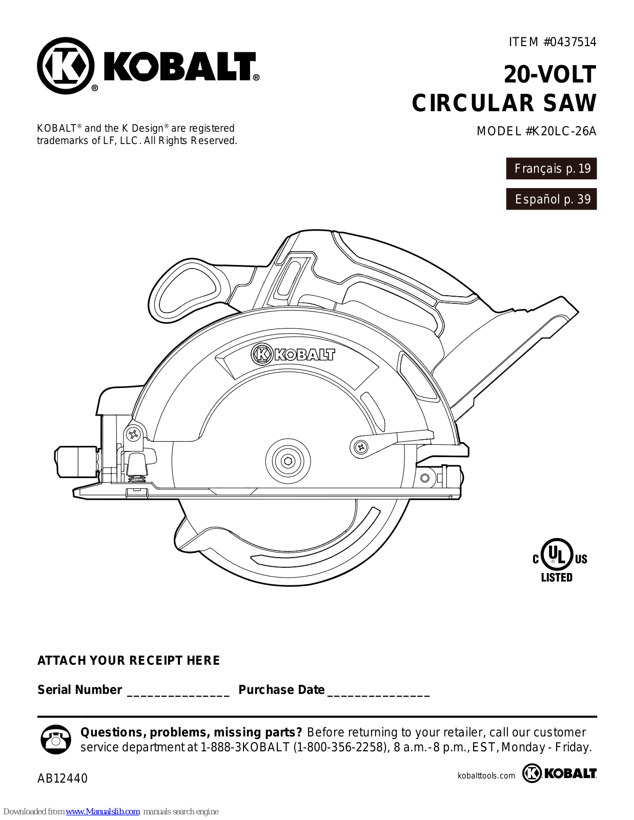 Kobalt K20LC-26A User Manual