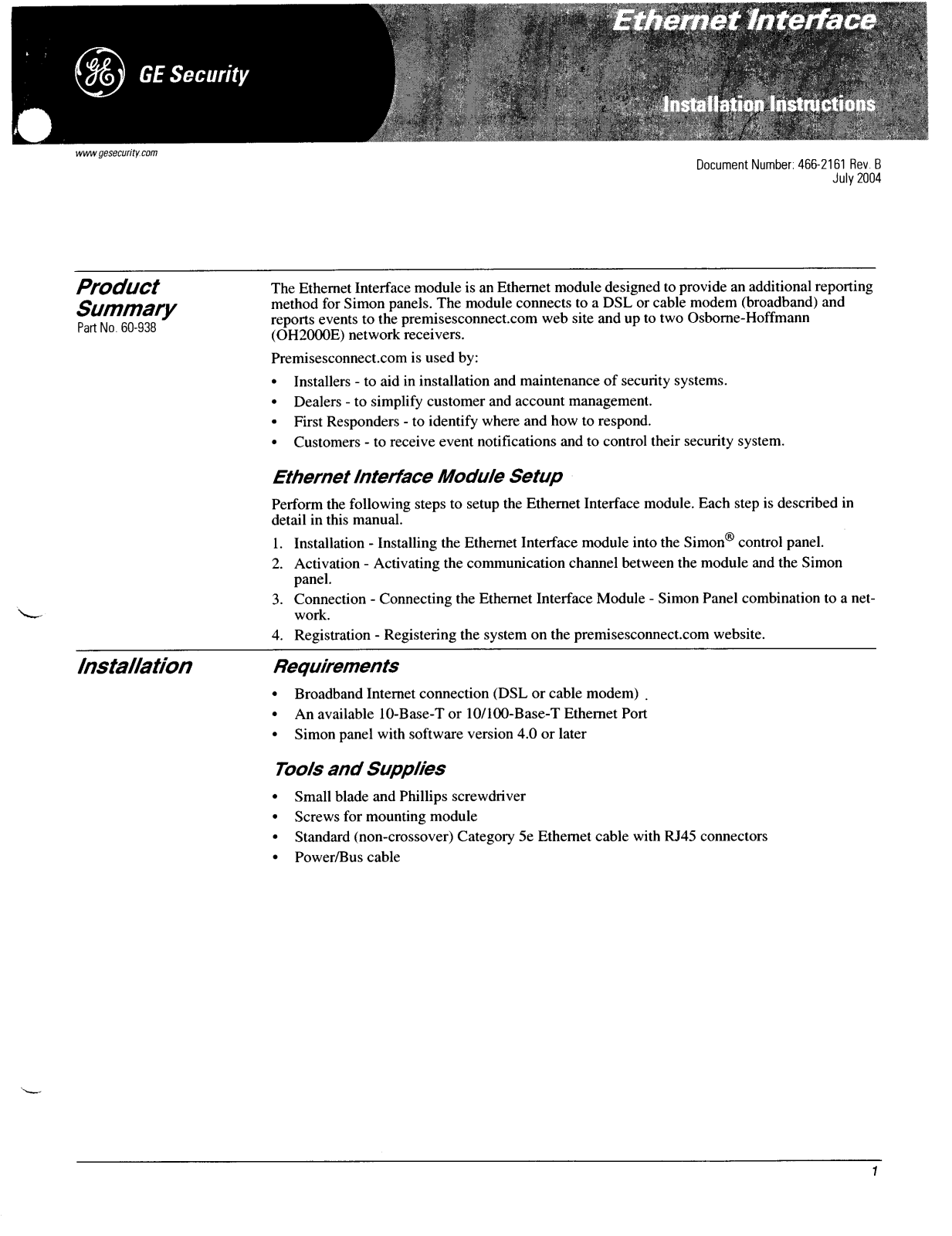 GE Security 60-938 User Manual