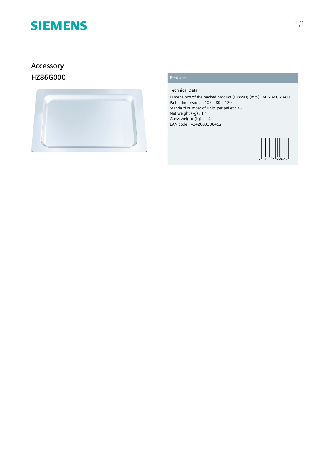 Siemens HZ86G000 Specifications Sheet