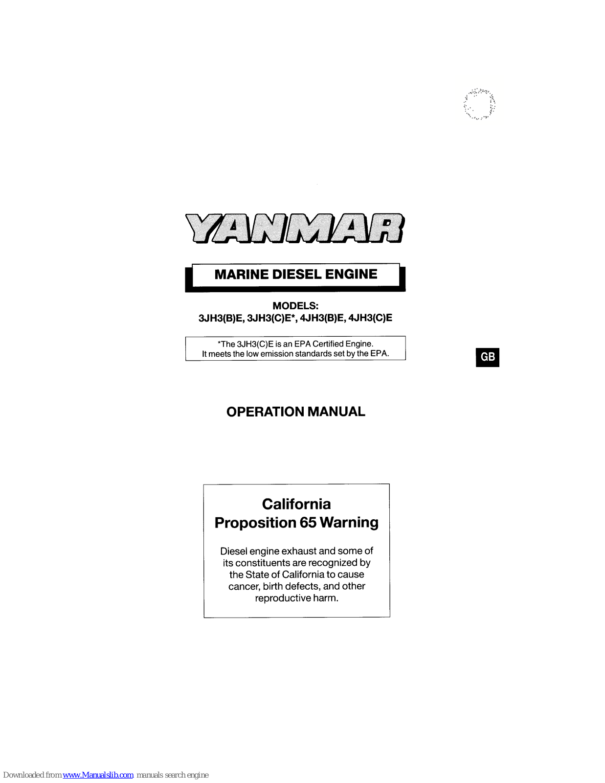 Yanmar 3JH3E, 3JH3BE, 3JH3CE, 4JH3E, 4JH3BE Operation Manual