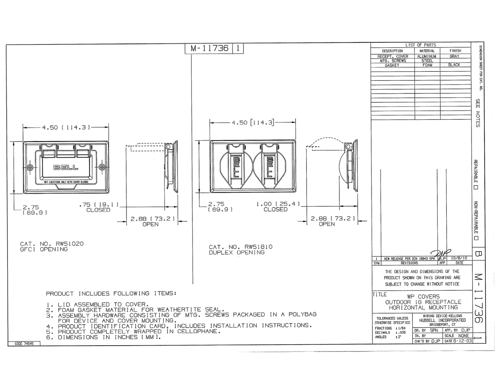 Hubbell RW51020 Reference Drawing