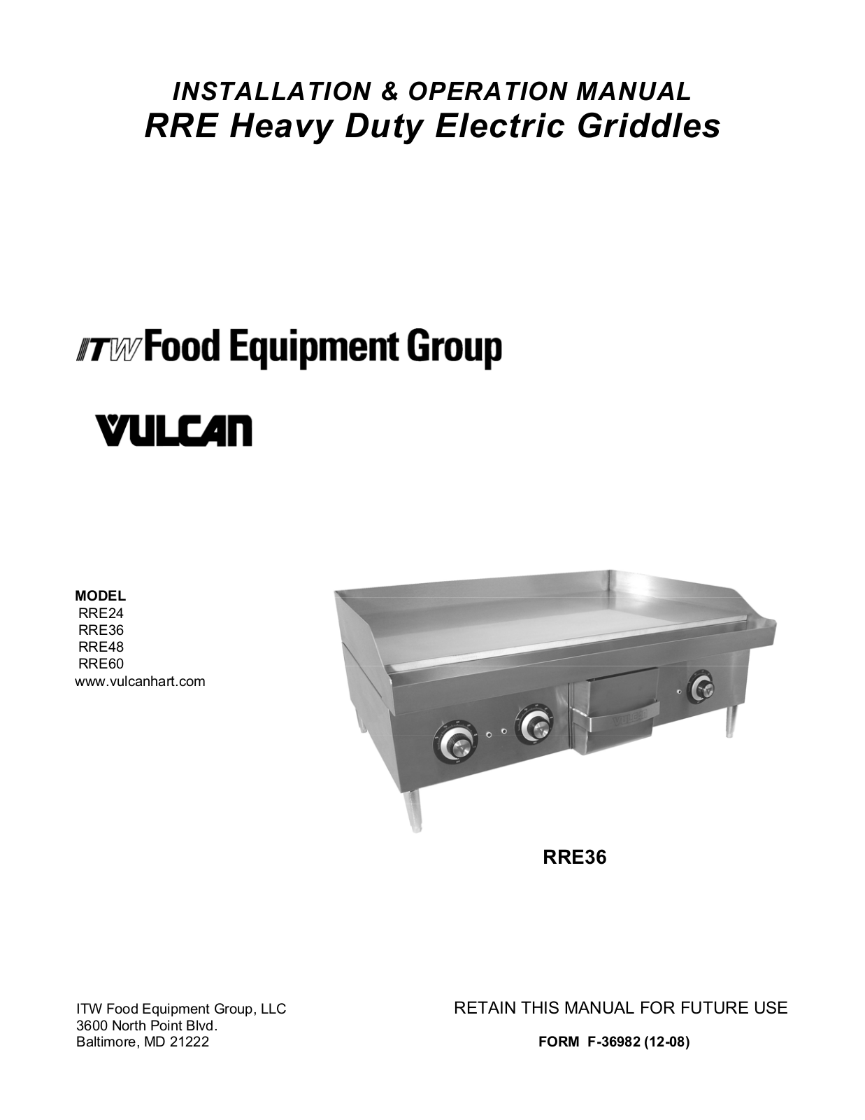 Vulcan-Hart RRE36, RRE24, RRE60 User Manual