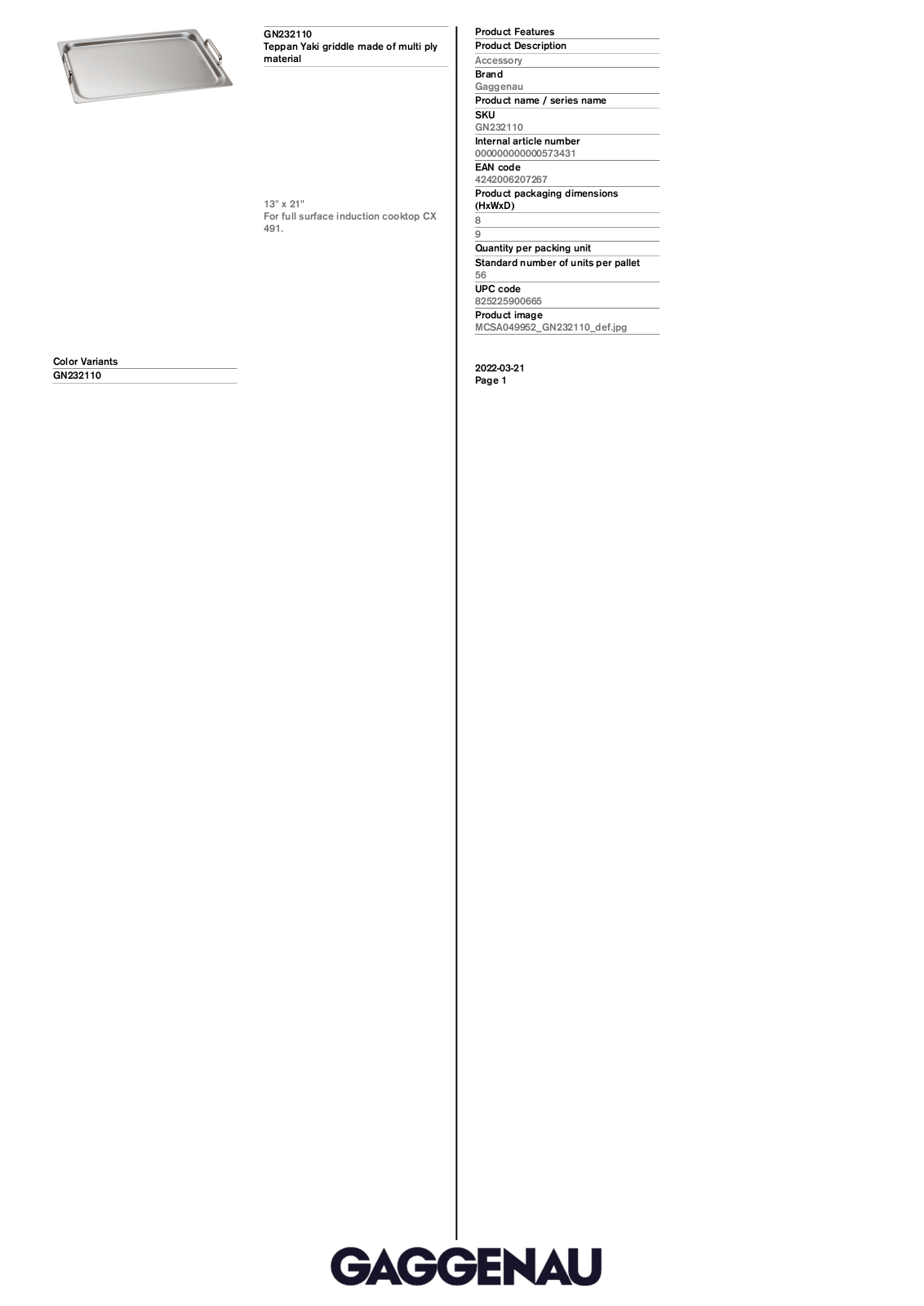 Gaggenau GN232110 Product specification sheet