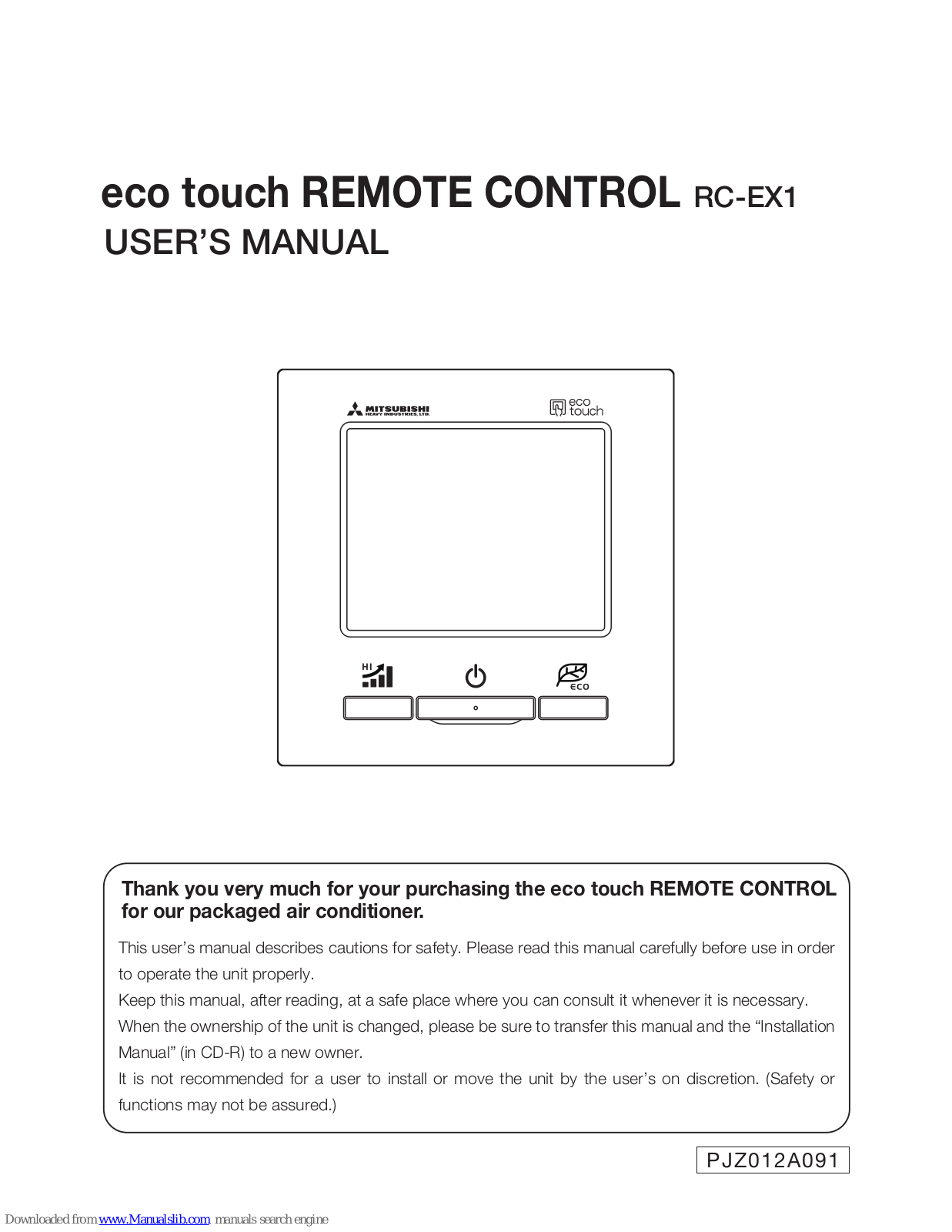 Mitsubishi Heavy Industries eco touch RC-EX1 User Manual