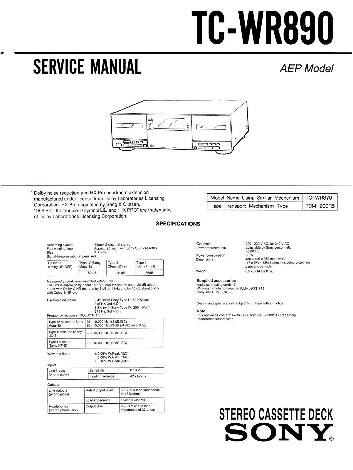 Sony TCWR-890 Service manual