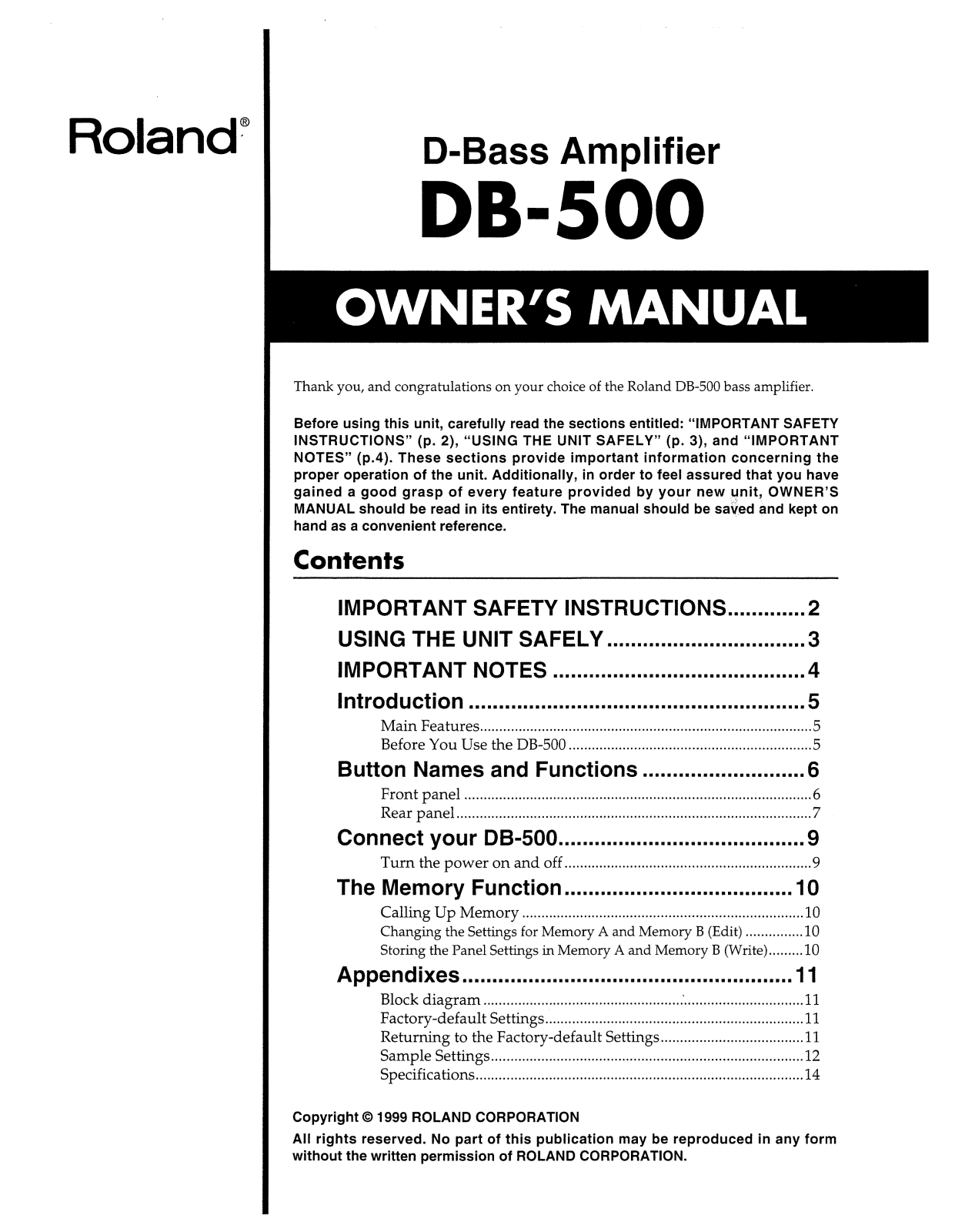 Roland Corporation DB-500 Owner's Manual