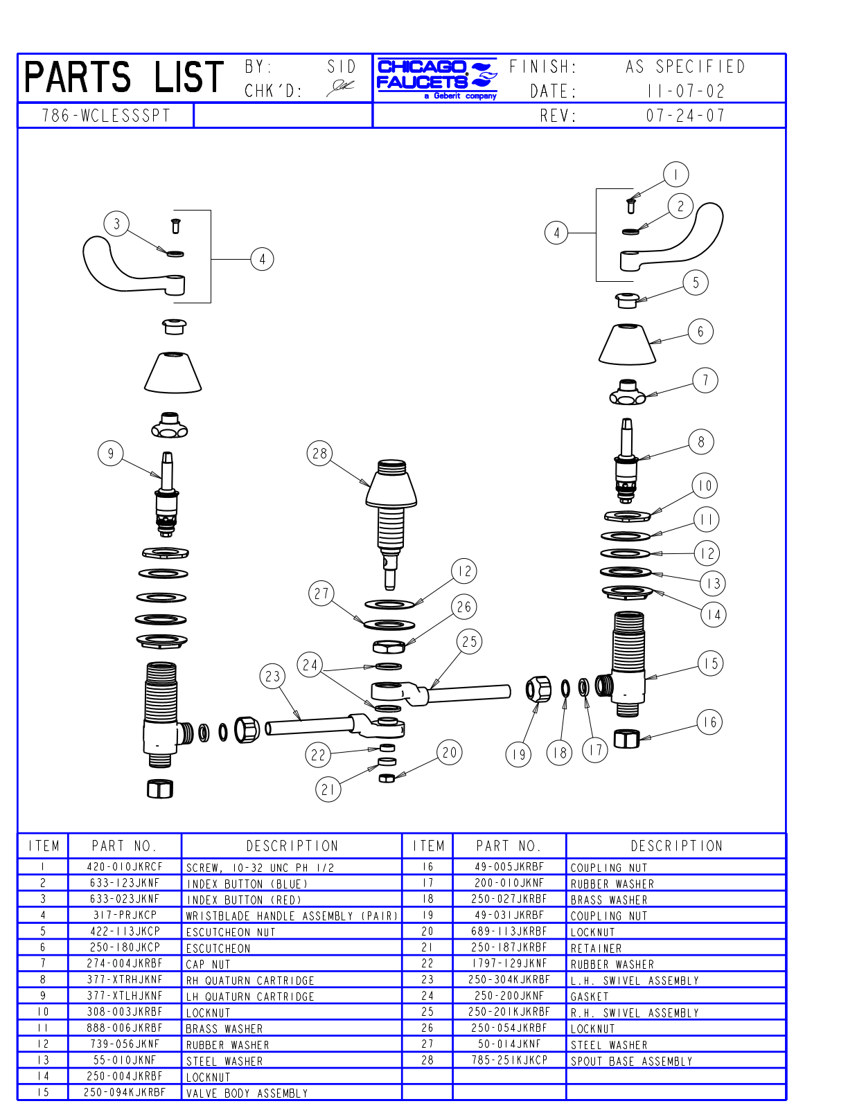 Chicago Faucet 786-WCLESSSPT Parts List