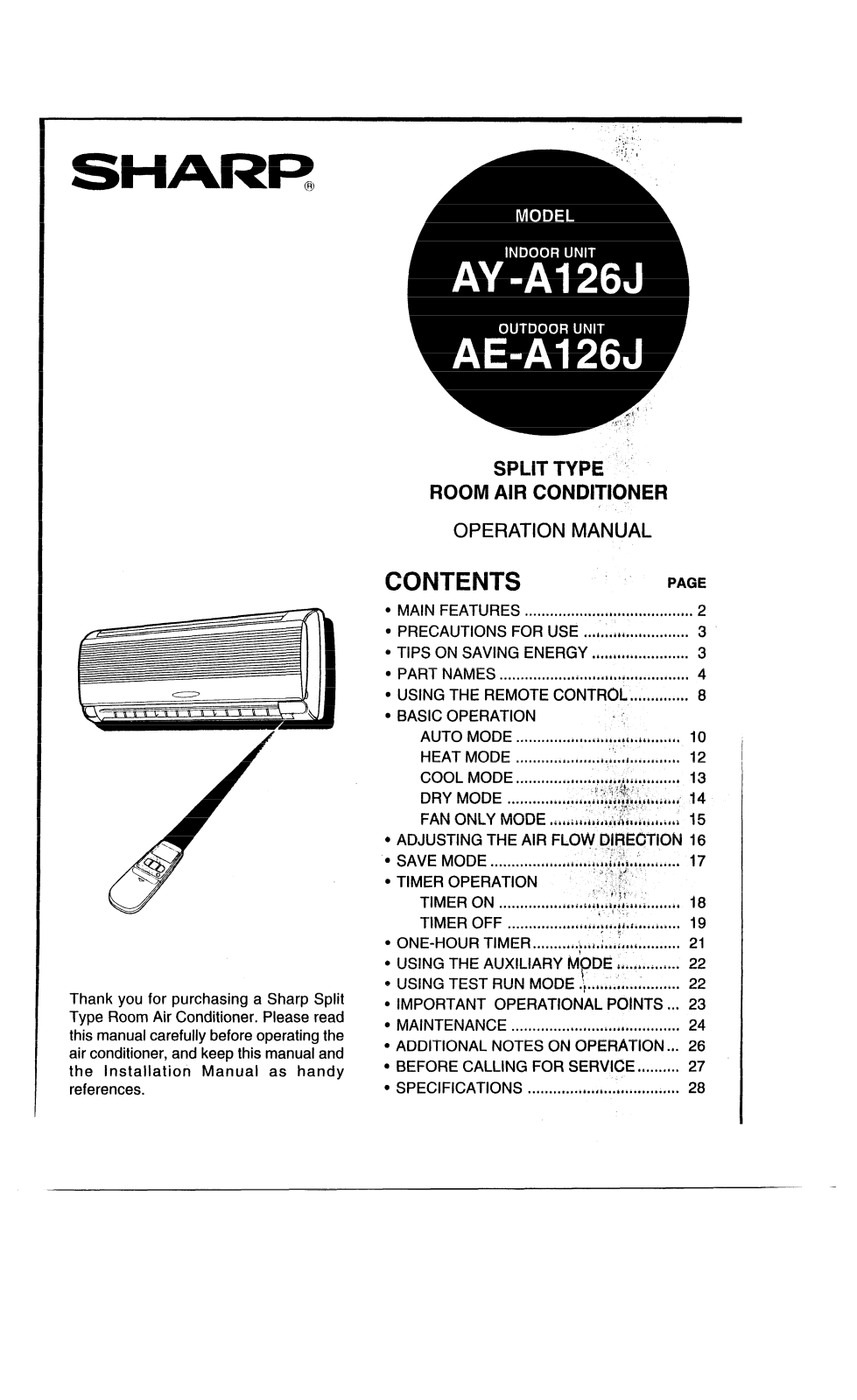 Sharp AY-A126J, AE-A126J Operation Manual - ManualMachine.com