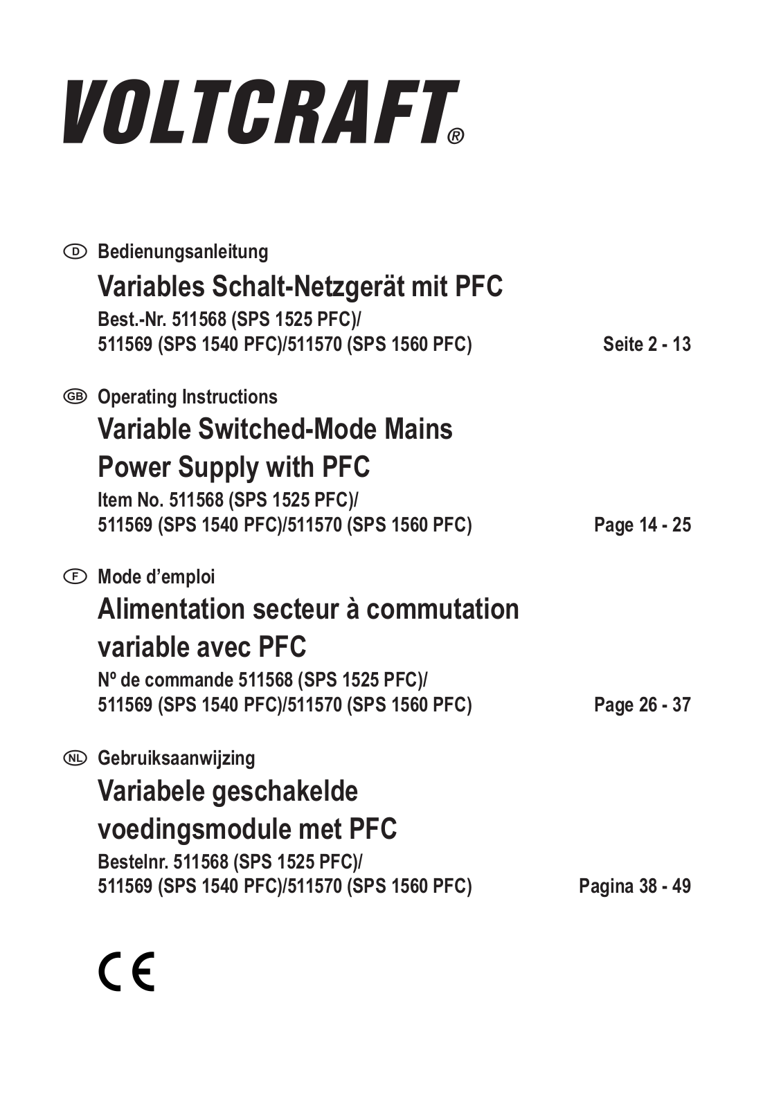 VOLTCRAFT SPS 1540 PFC, SPS 1525 PFC, SPS 1560 PFC User guide