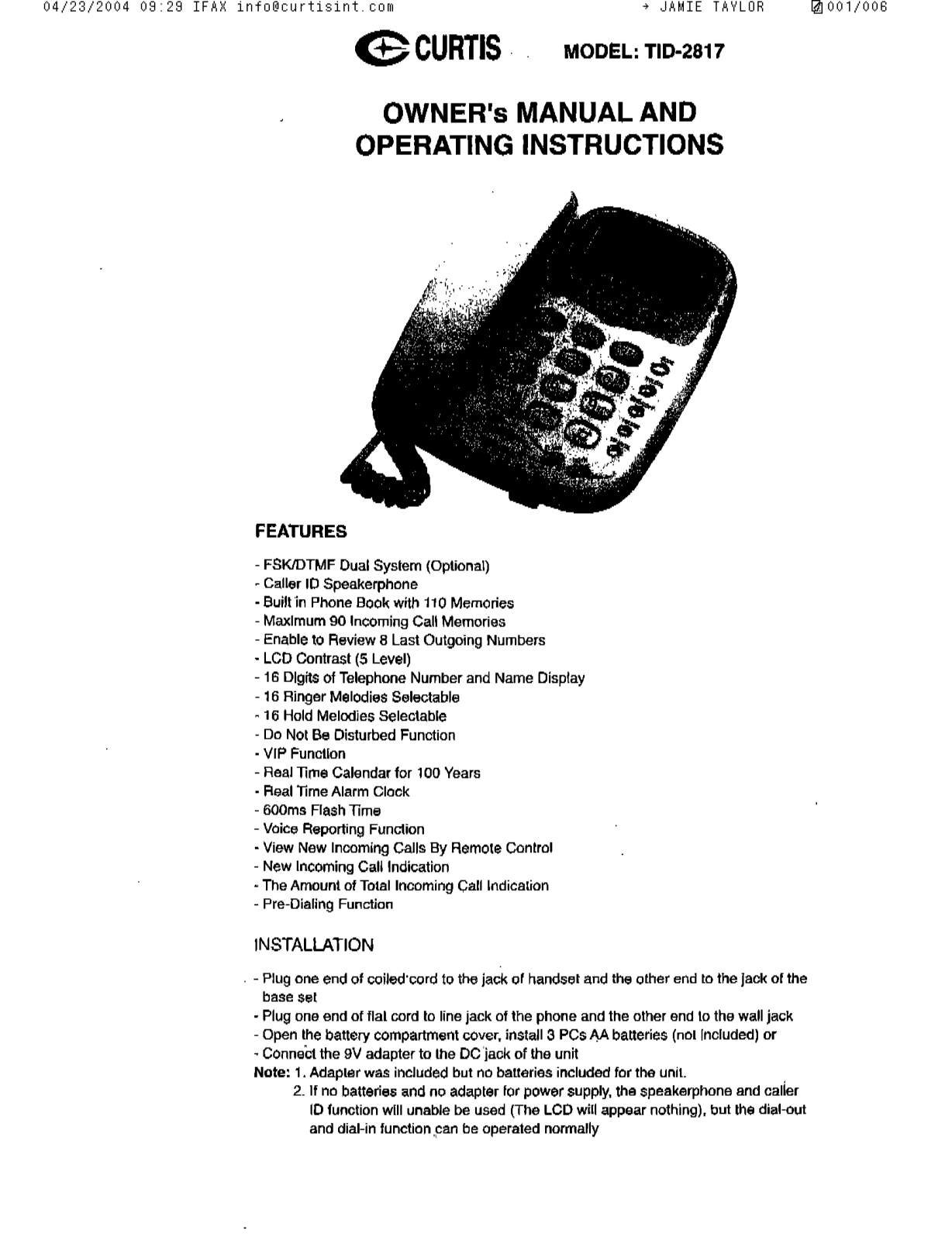 Curtis TID2817 User Manual