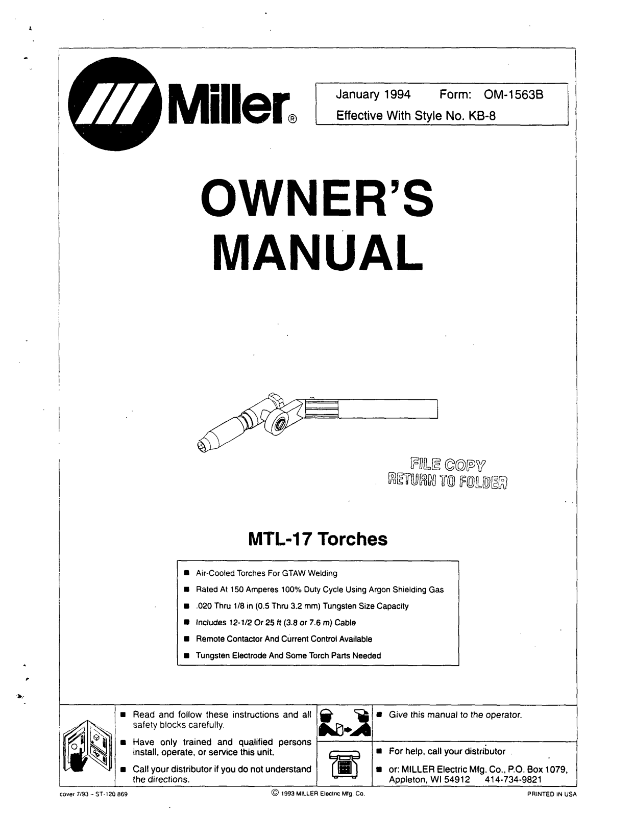 Miller Electric MTL-17 User Manual