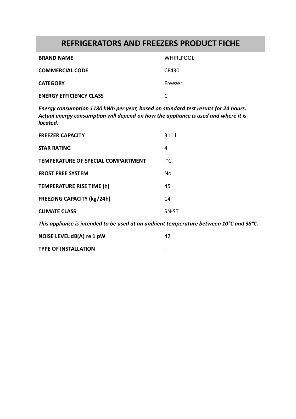 Whirlpool CF430 INSTRUCTION FOR USE