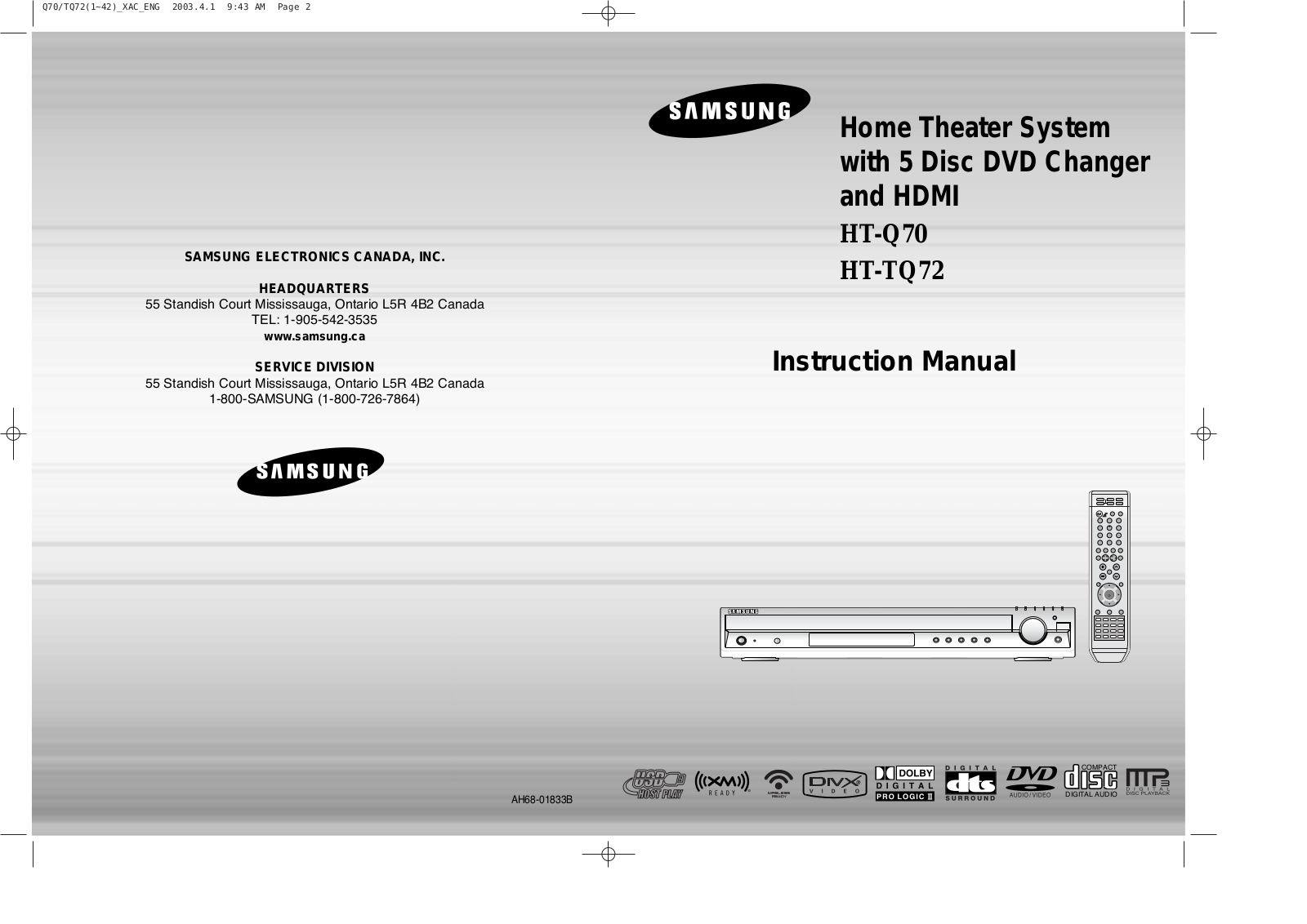 Samsung HT-Q70T, HT-TQ72T User Manual