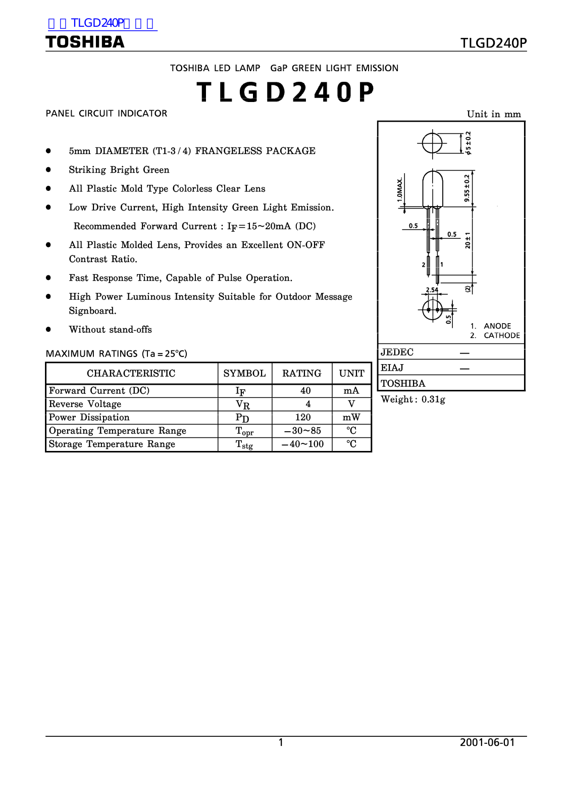 TOSHIBA TLGD240P Technical data