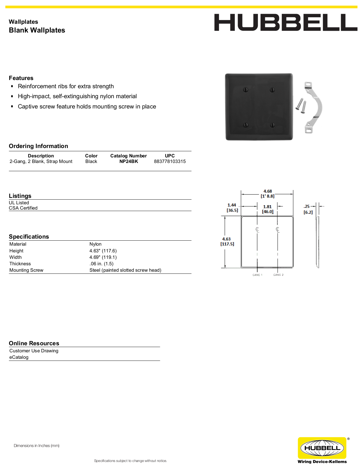 Hubbell NP24BK Specifications