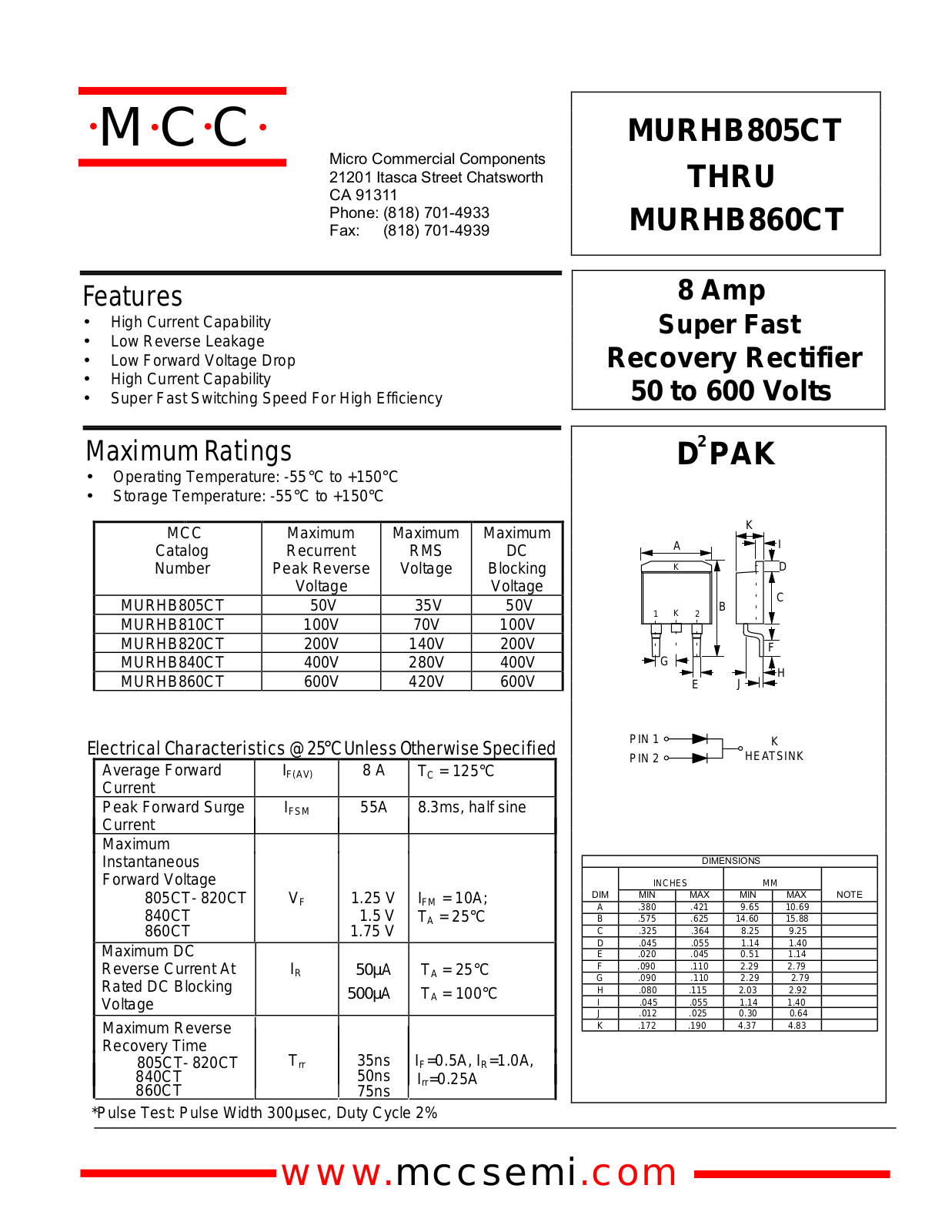 MCC MURHB810CT, MURHB860CT, MURHB840CT, MURHB820CT, MURHB805CT Datasheet