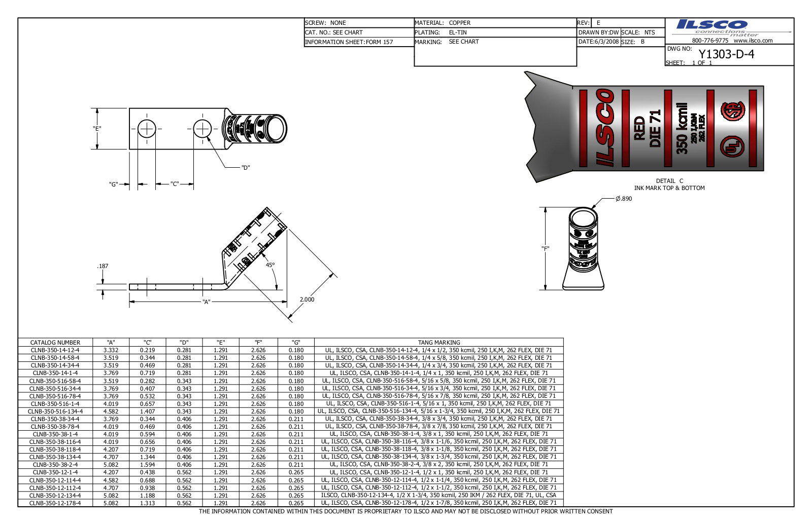 Ilsco CLNB-350-12-134-4 Data sheet