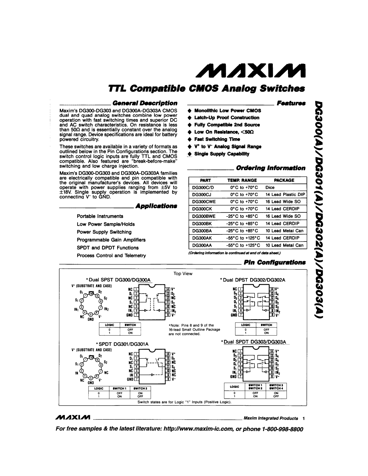 Maxim Integrated Producs DG302CD, DG302BWE, DG302BK, DG302AK, DG302ACWE Datasheet