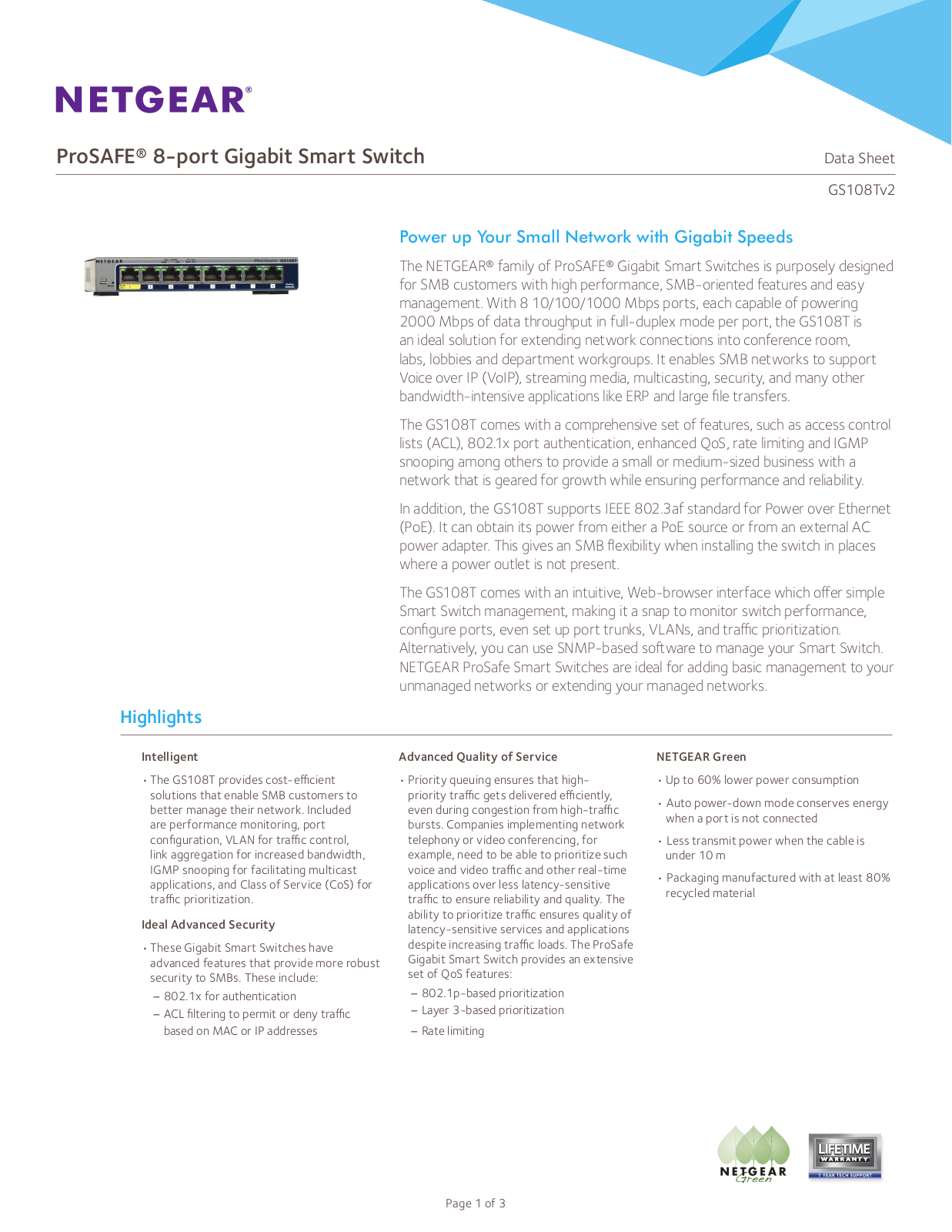 Netgear GS108T-200UKS Product Data Sheet