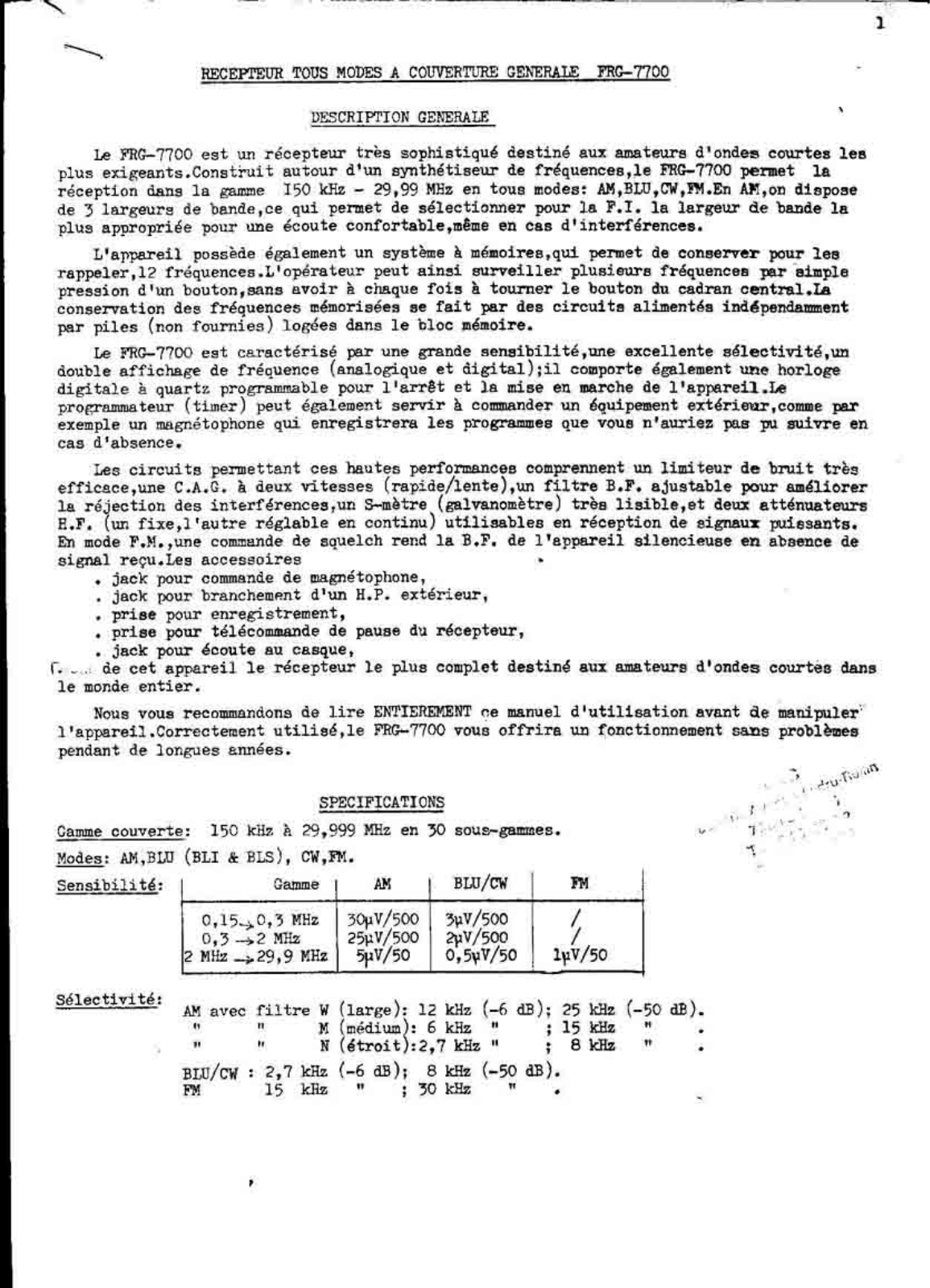 Yaesu FRG-7700 User Manual