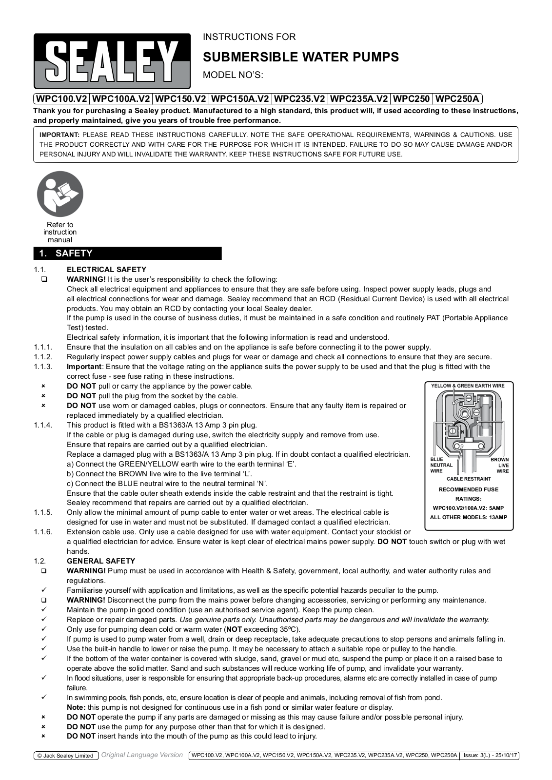 Sealey WPC100A.V2,WPC150.V2,WPC100.V2,WPC150A.V2,WPC235.V2,WPC235A.V2,WPC250,WPC250A Instructions For Use Manual