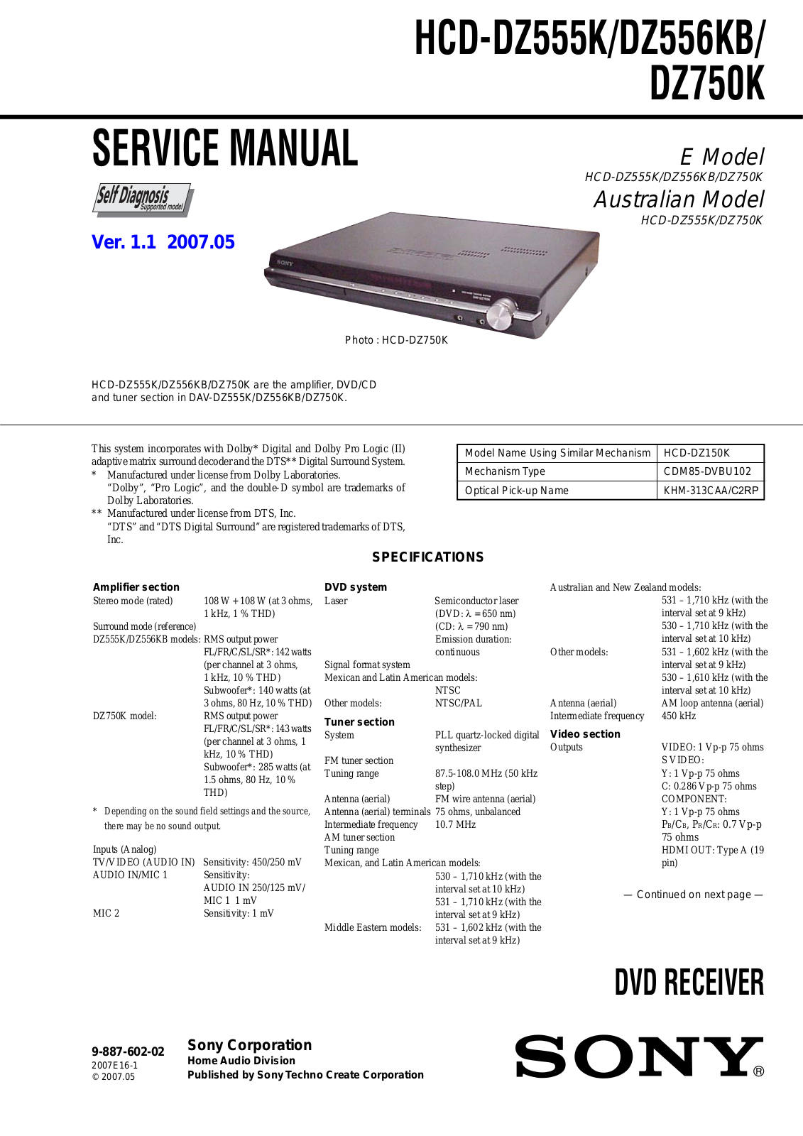 Sony HCD-DZ556KB, HCD-DZ750K Service Manual